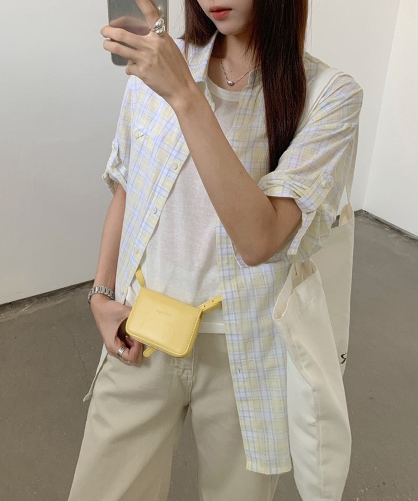 レギュラーカラー チェック柄 ポケット付き ロールアップ シャツ