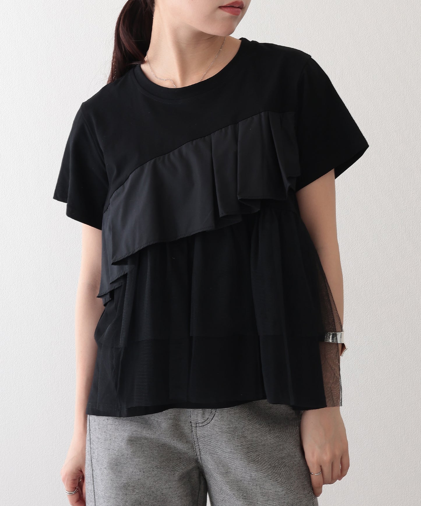 異素材 タックフリル チュール ドッキング 半袖 Tシャツ