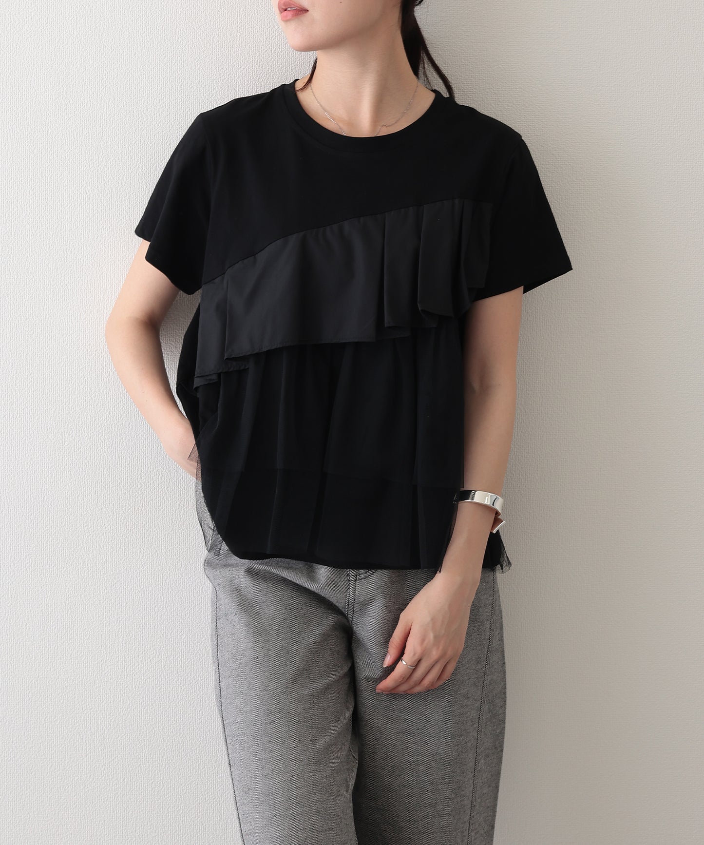 異素材 タックフリル チュール ドッキング 半袖 Tシャツ