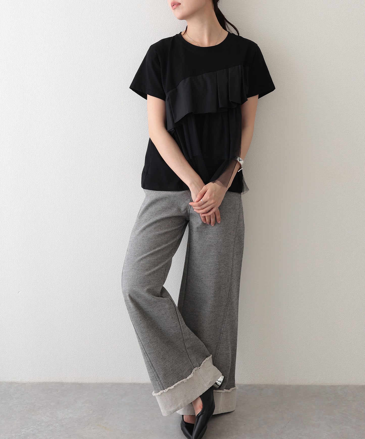 異素材 タックフリル チュール ドッキング 半袖 Tシャツ