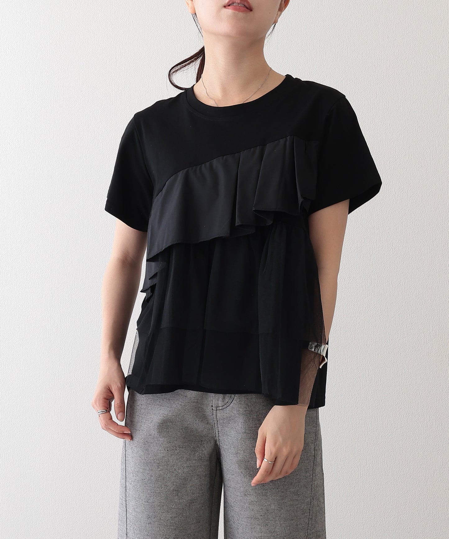 異素材 タックフリル チュール ドッキング 半袖 Tシャツ
