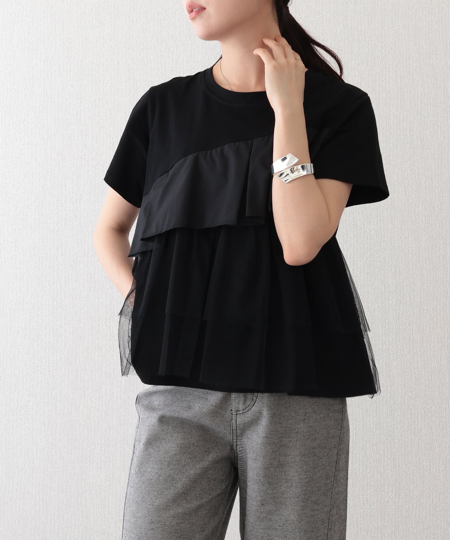 異素材 タックフリル チュール ドッキング 半袖 Tシャツ