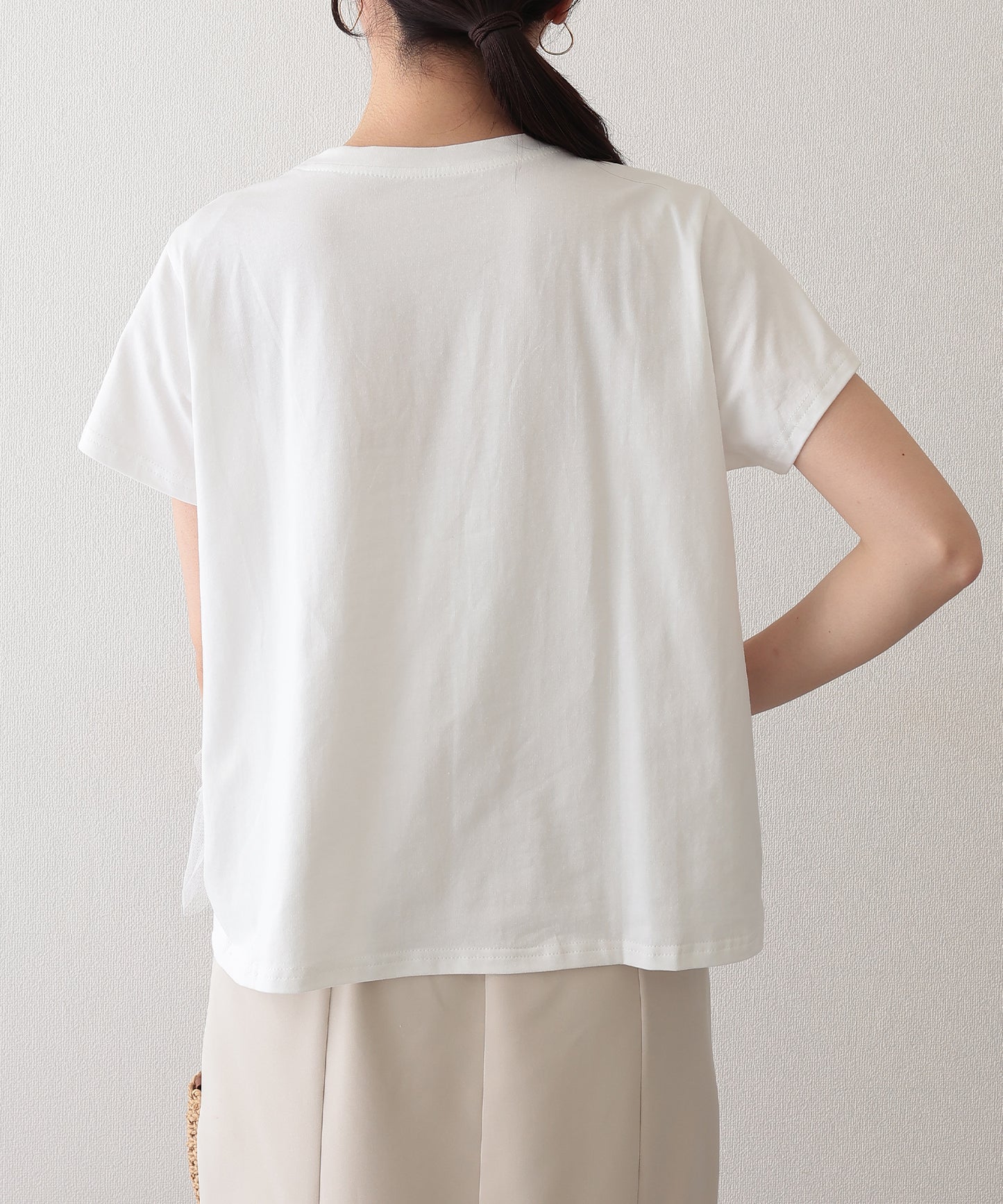 異素材 タックフリル チュール ドッキング 半袖 Tシャツ