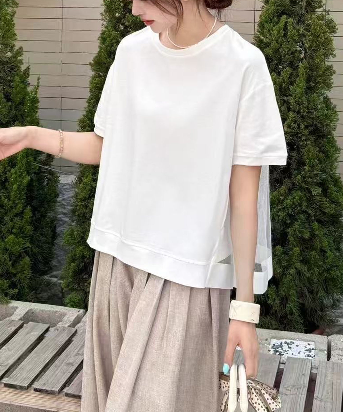 チュール レイヤード クルーネック 半袖 Tシャツ