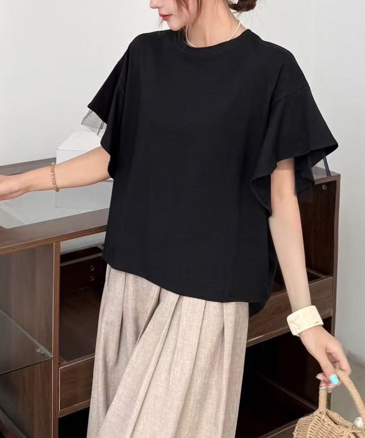 フリルショルダー チュール ドッキング オーバーサイズ 半袖 Tシャツ