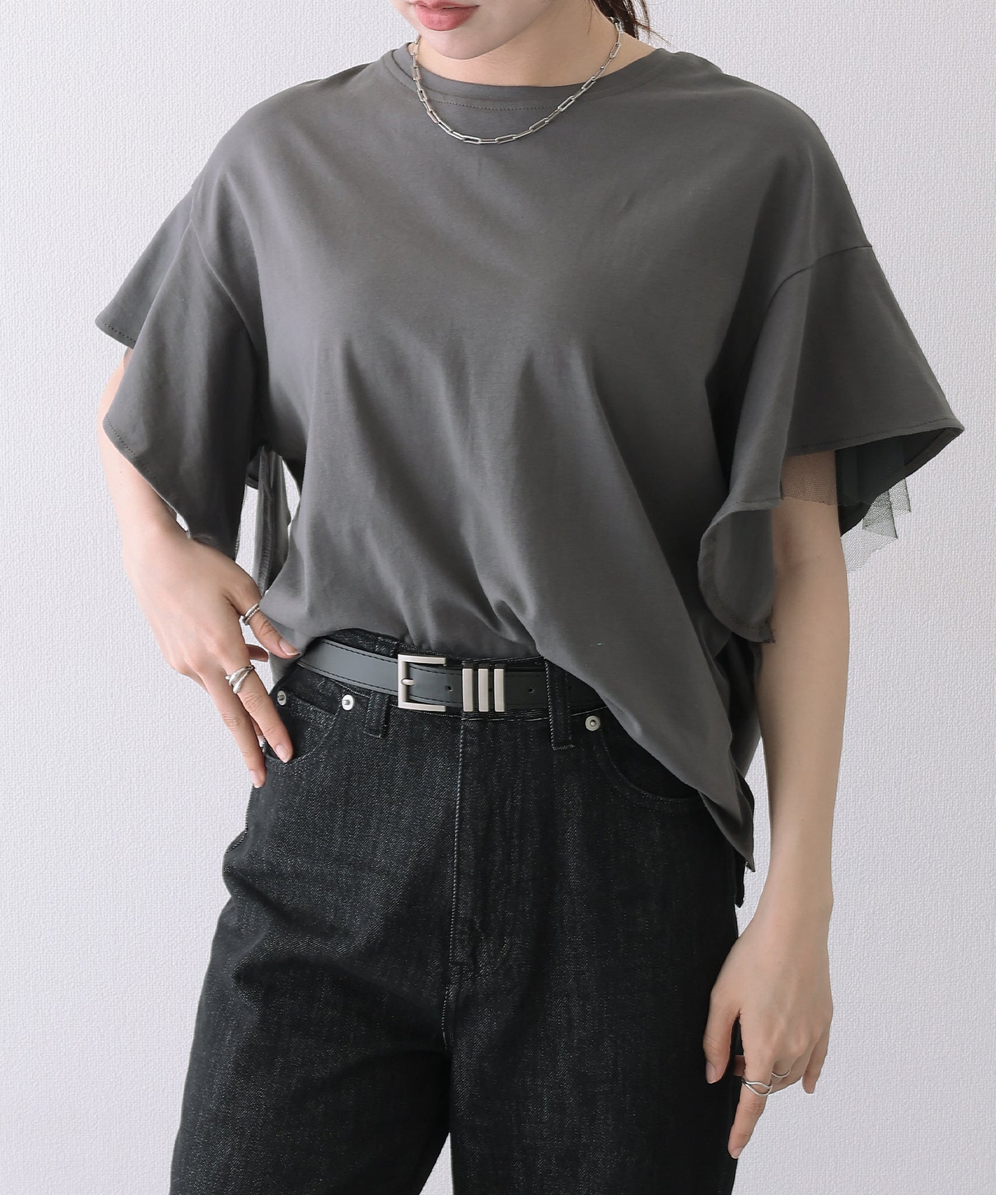 フリルショルダー チュール ドッキング オーバーサイズ 半袖 Tシャツ