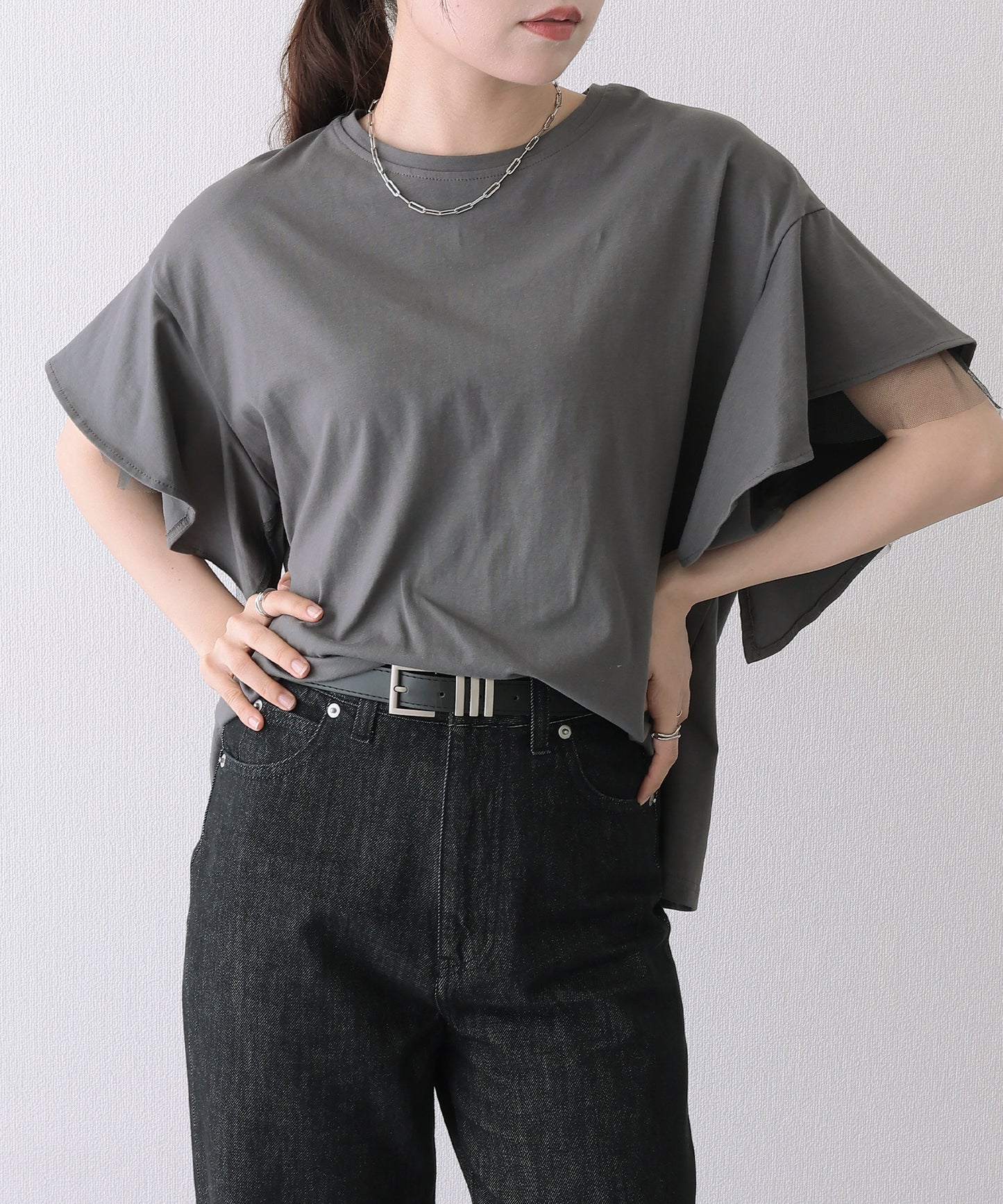 フリルショルダー チュール ドッキング オーバーサイズ 半袖 Tシャツ