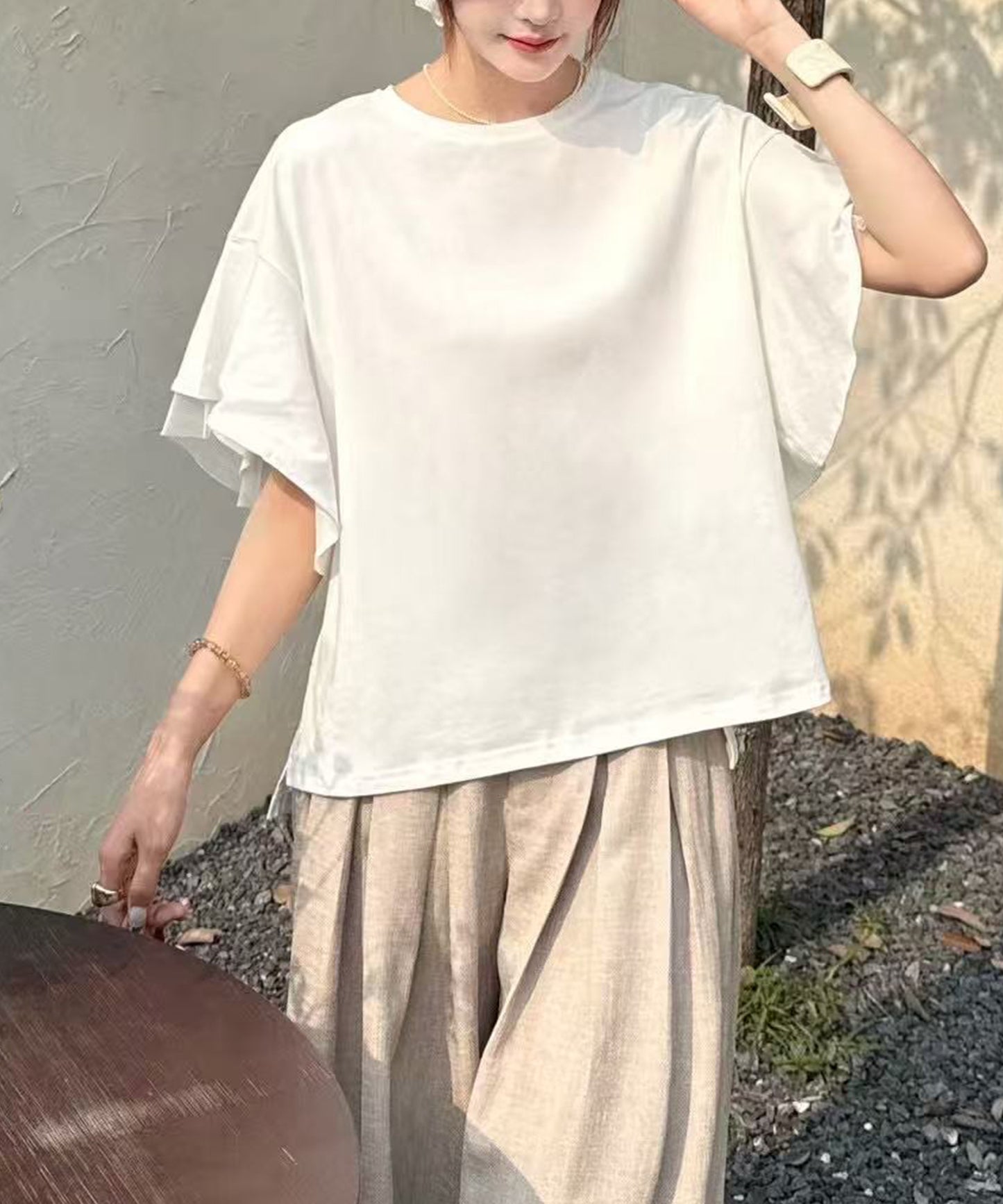 フリルショルダー チュール ドッキング オーバーサイズ 半袖 Tシャツ