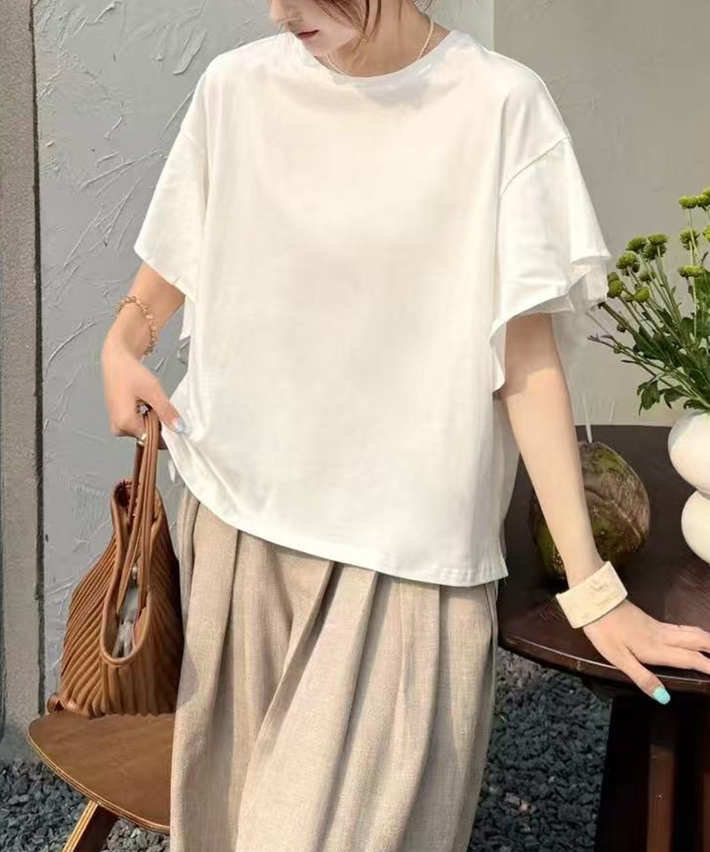 フリルショルダー チュール ドッキング オーバーサイズ 半袖 Tシャツ