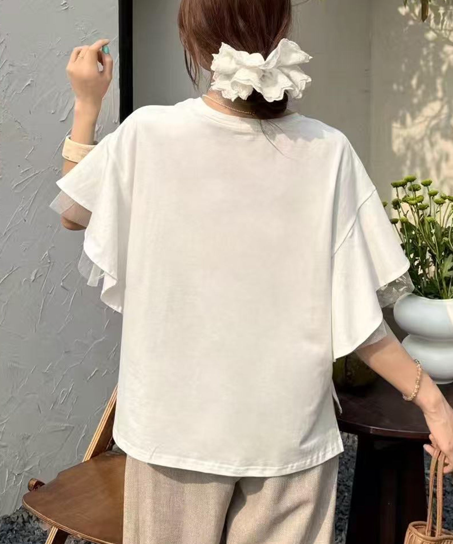フリルショルダー チュール ドッキング オーバーサイズ 半袖 Tシャツ