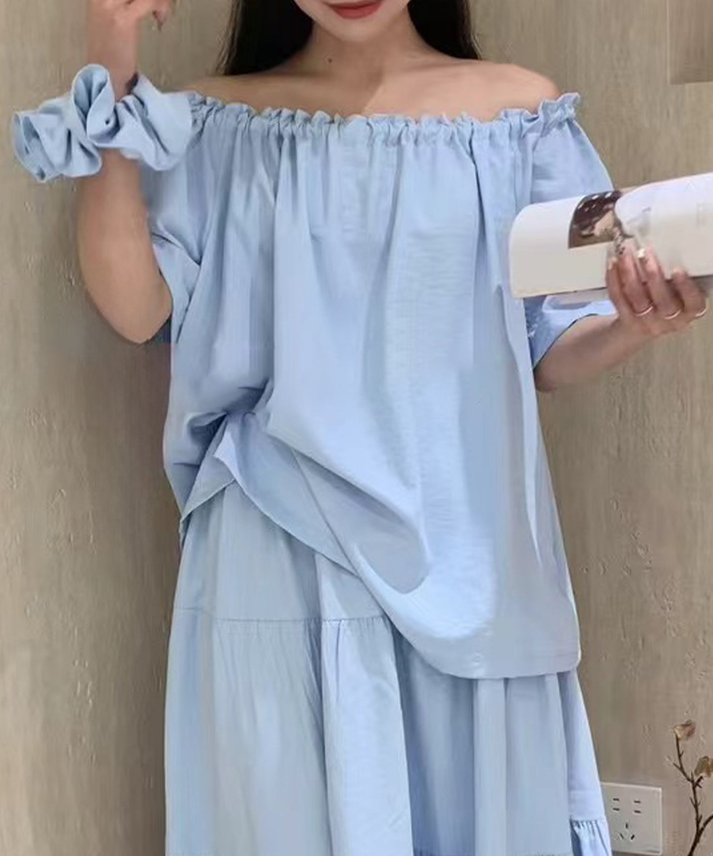 2WAY 肩リボン ギャザー オフショルダー 半袖 ブラウス シュシュ