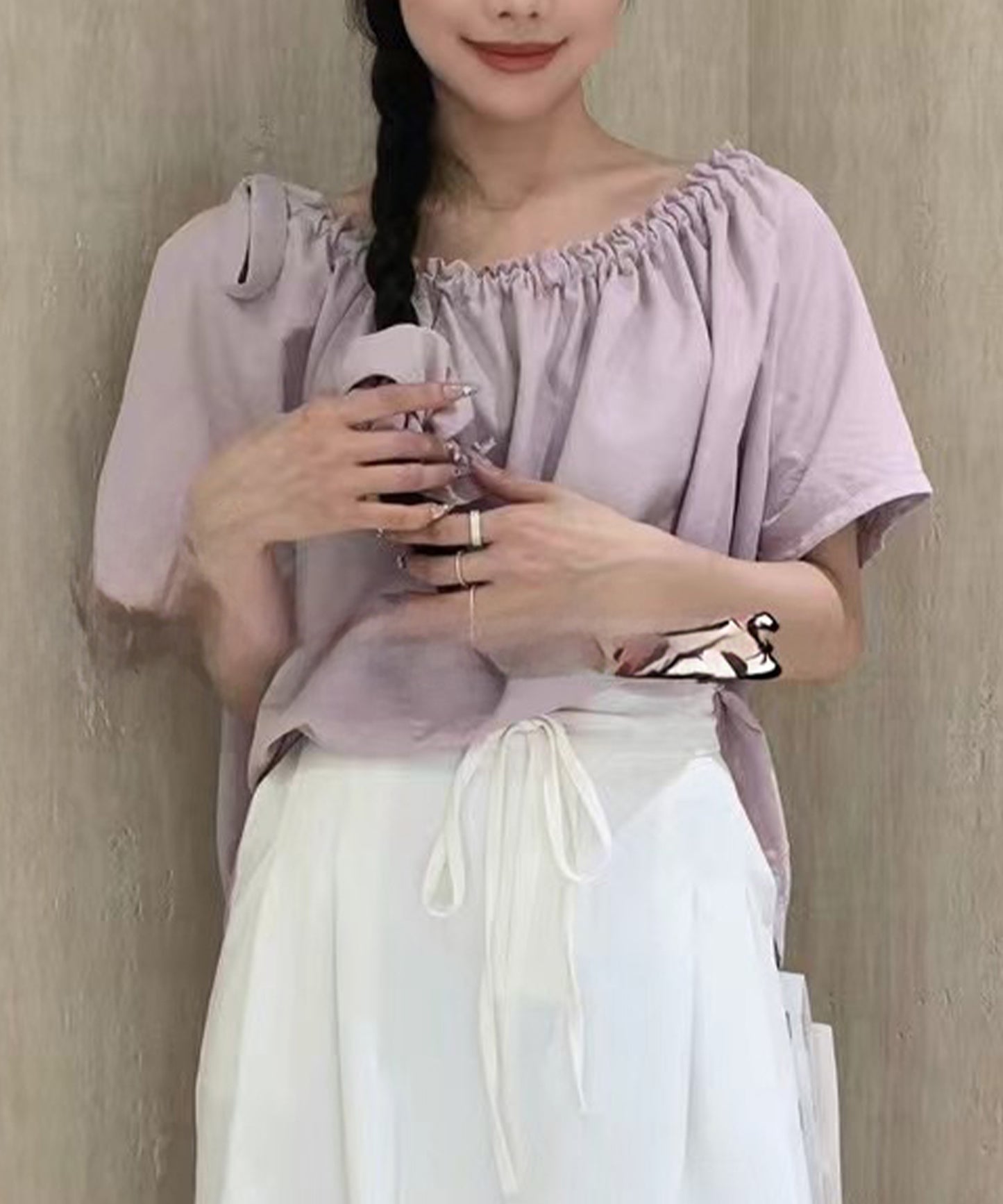 2WAY 肩リボン ギャザー オフショルダー 半袖 ブラウス シュシュ