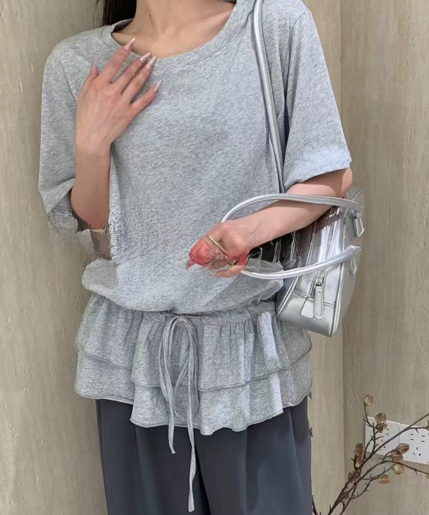 ウエスト ティアード フリル ドロスト 半袖 Tシャツ