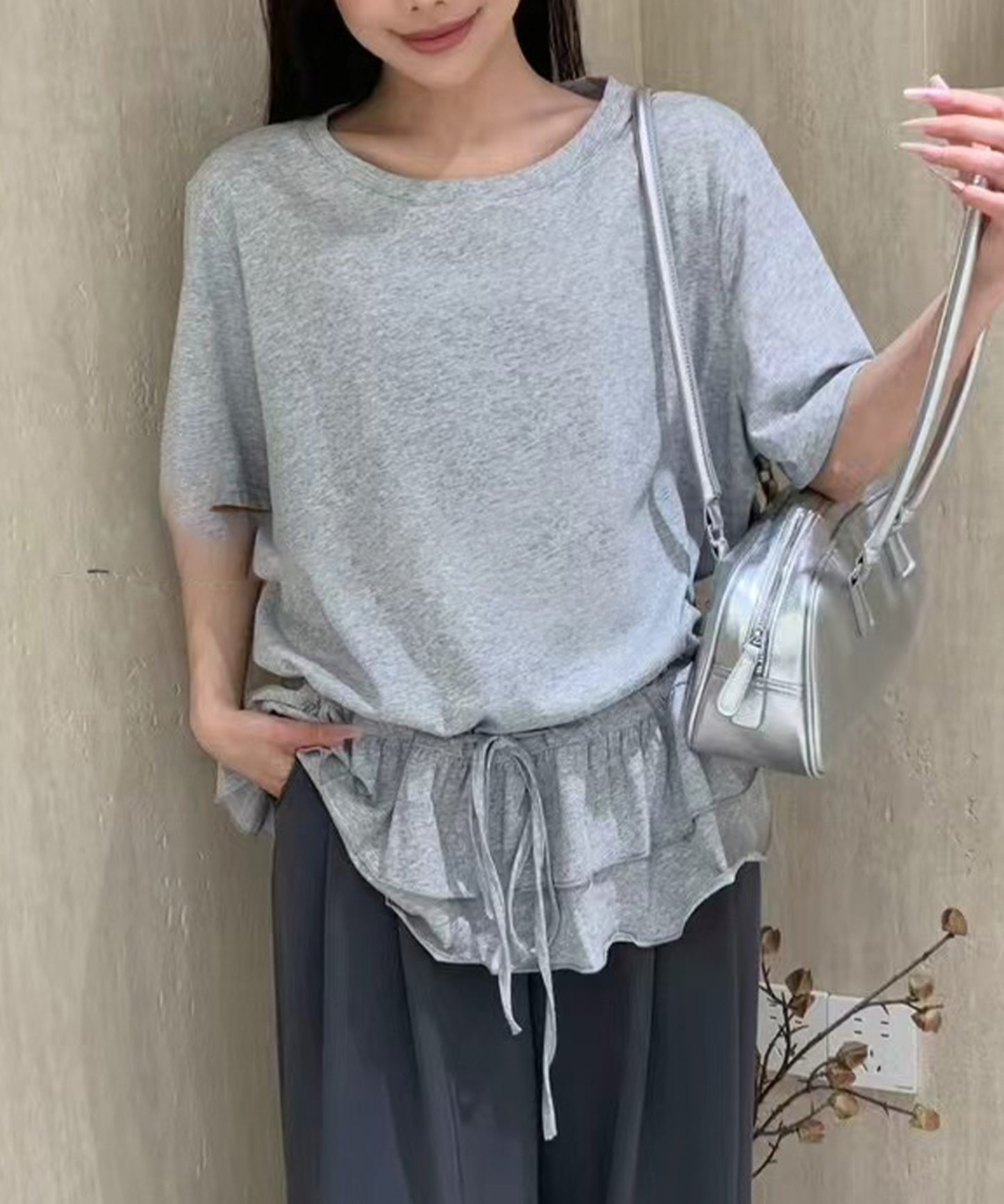 ウエスト ティアード フリル ドロスト 半袖 Tシャツ