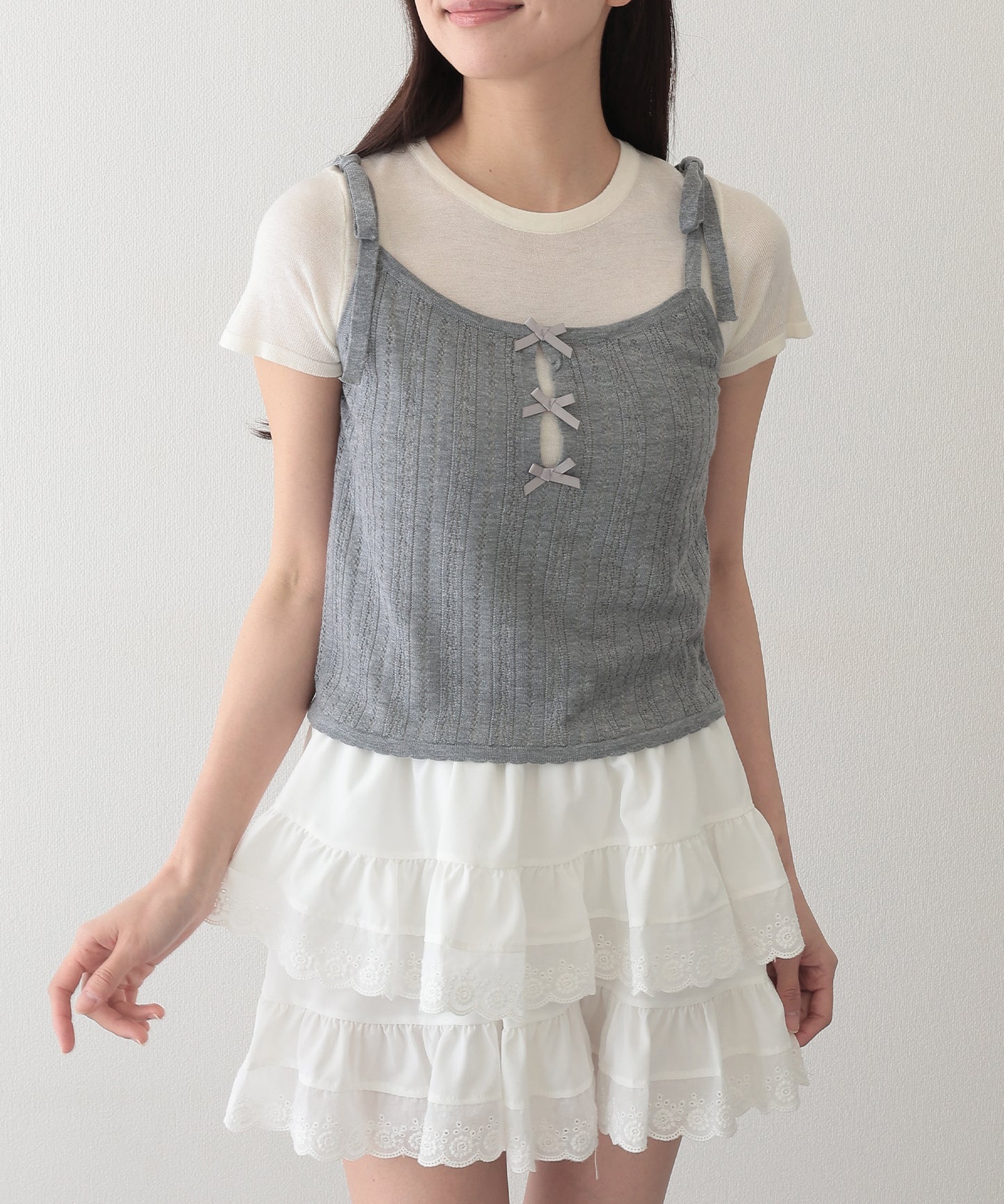 リボン付き キャミソール ドッキング 半袖 Tシャツ