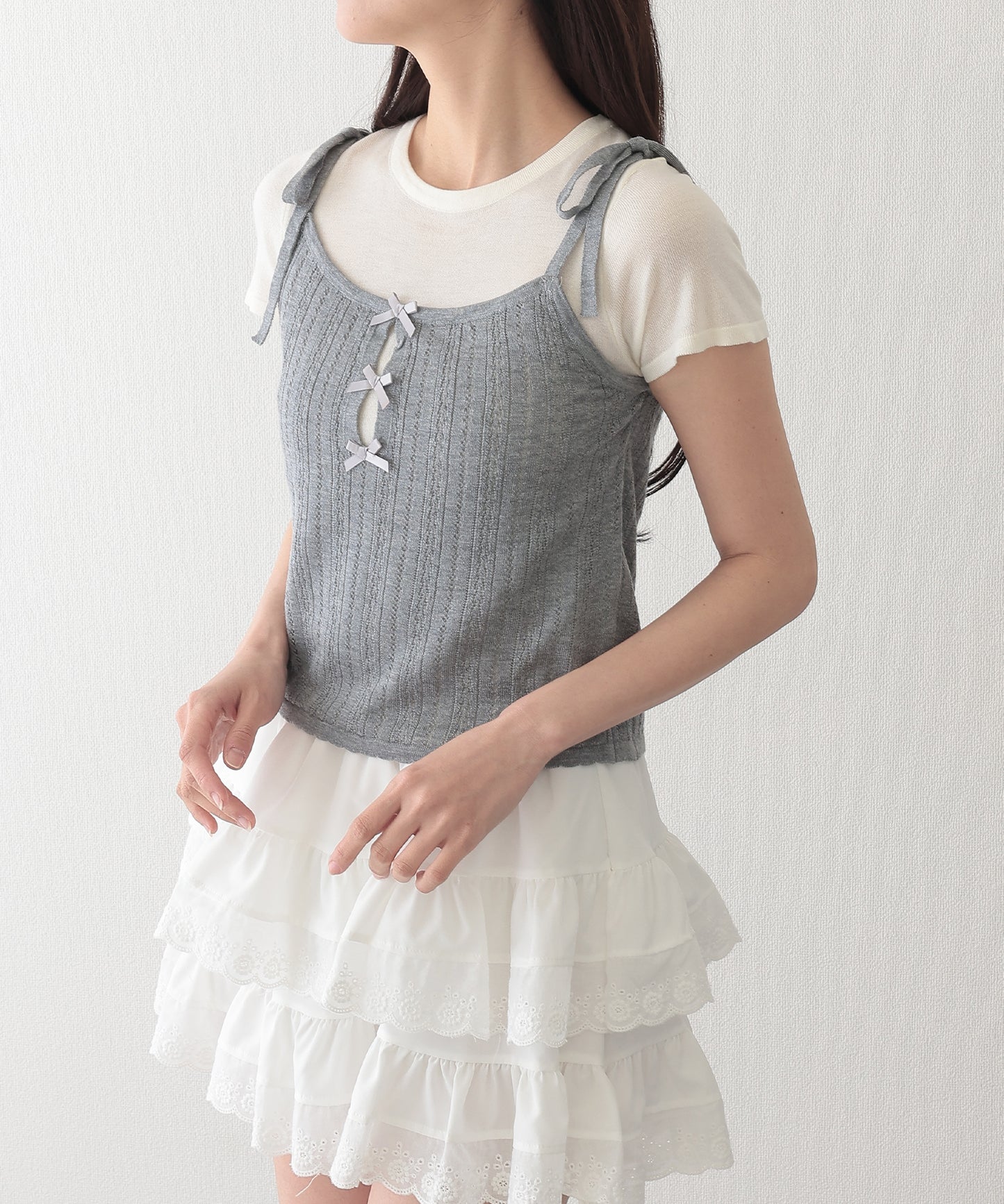 リボン付き キャミソール ドッキング 半袖 Tシャツ