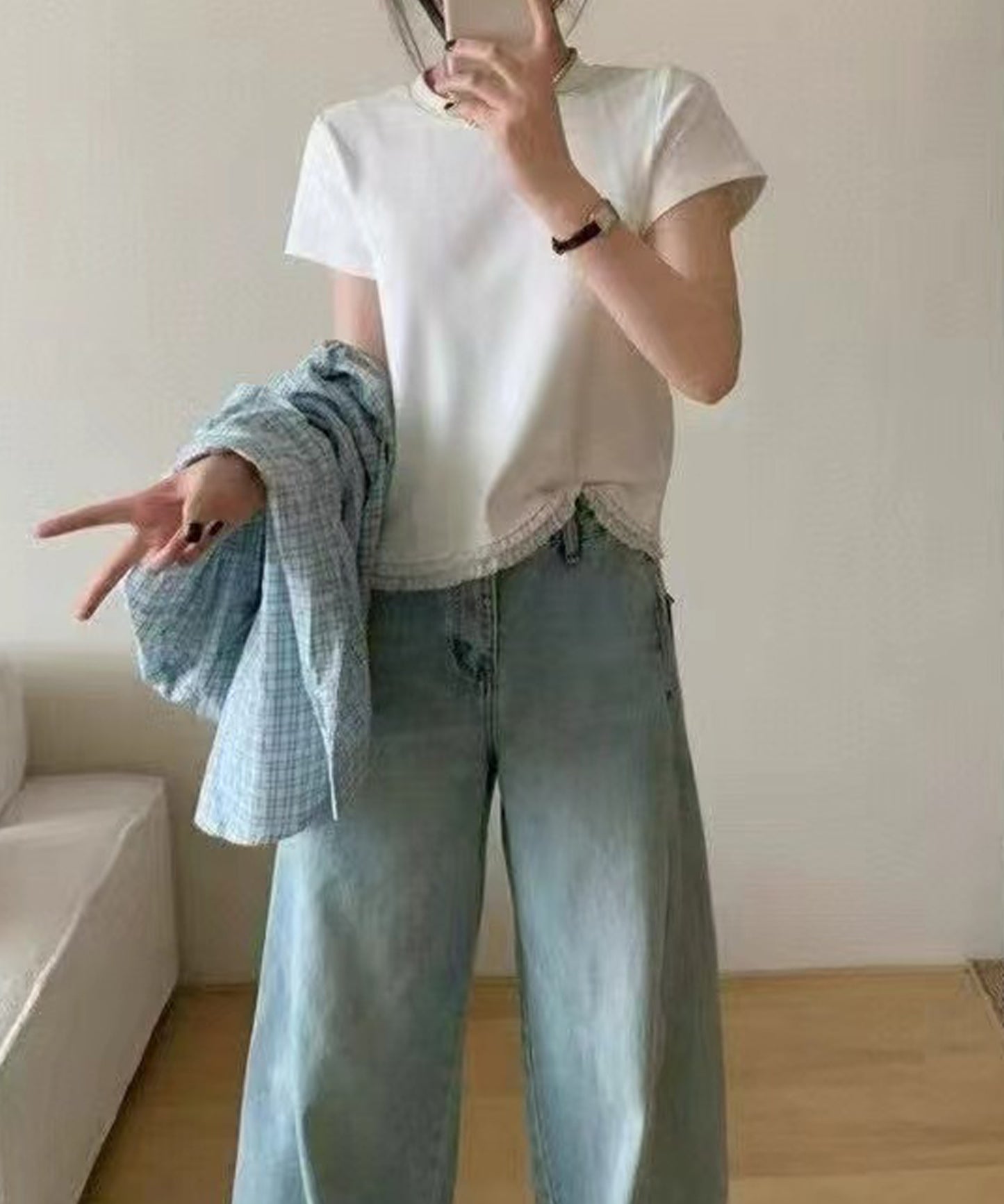 裾レース フリル クルーネック 半袖 Tシャツ