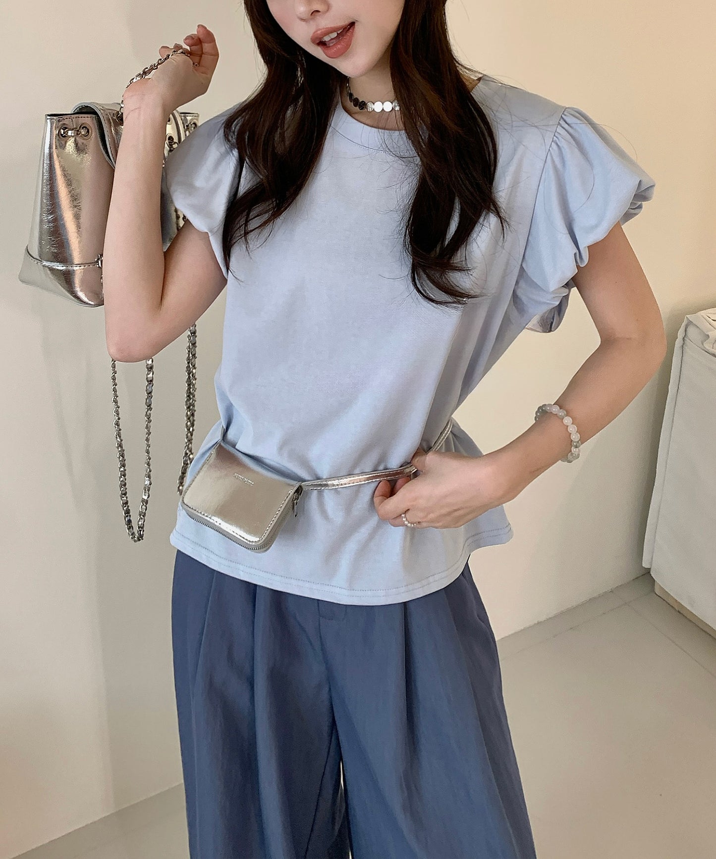ギャザー パフスリーブ クルーネック Tシャツ トップス