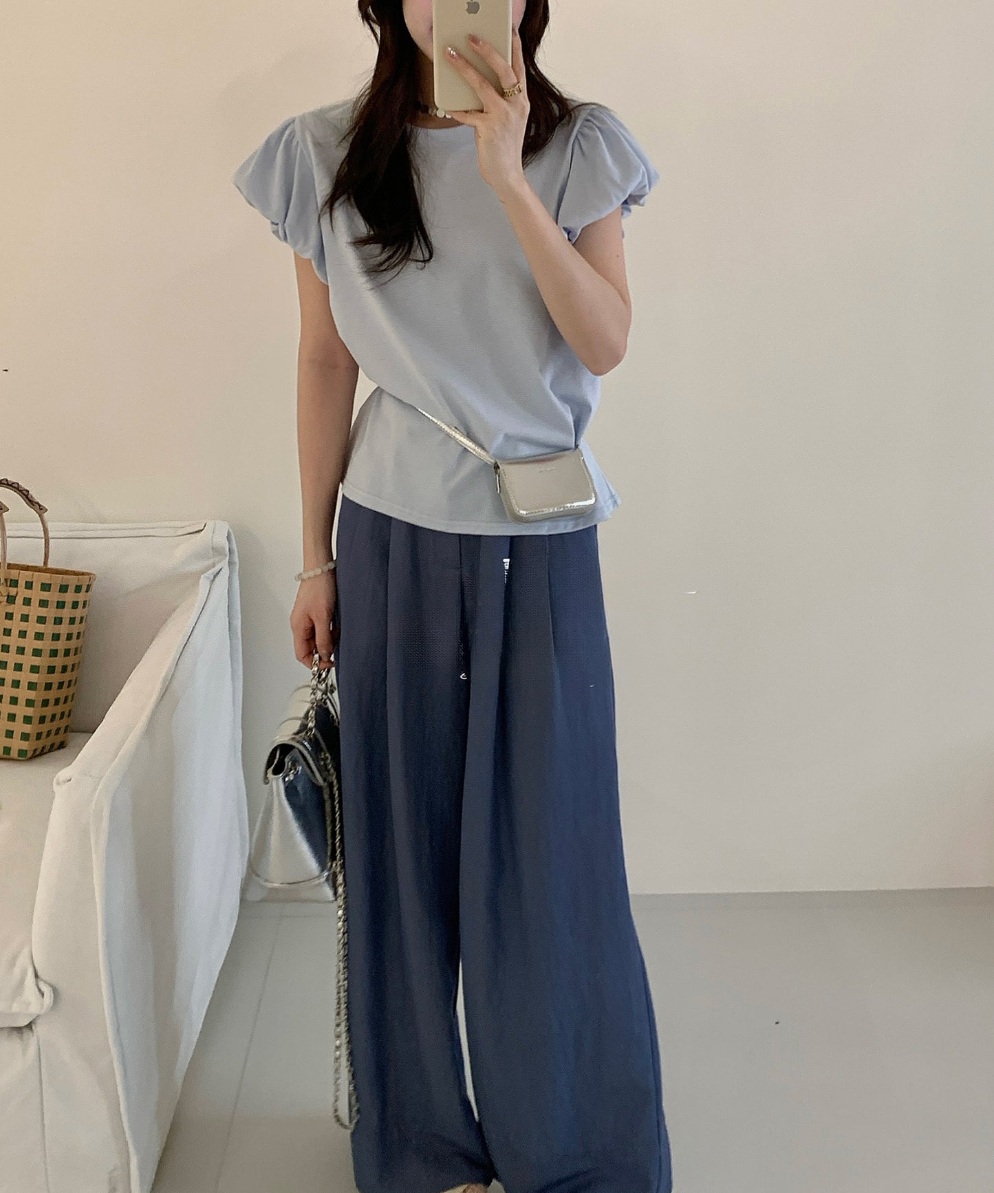 ギャザー パフスリーブ クルーネック Tシャツ トップス