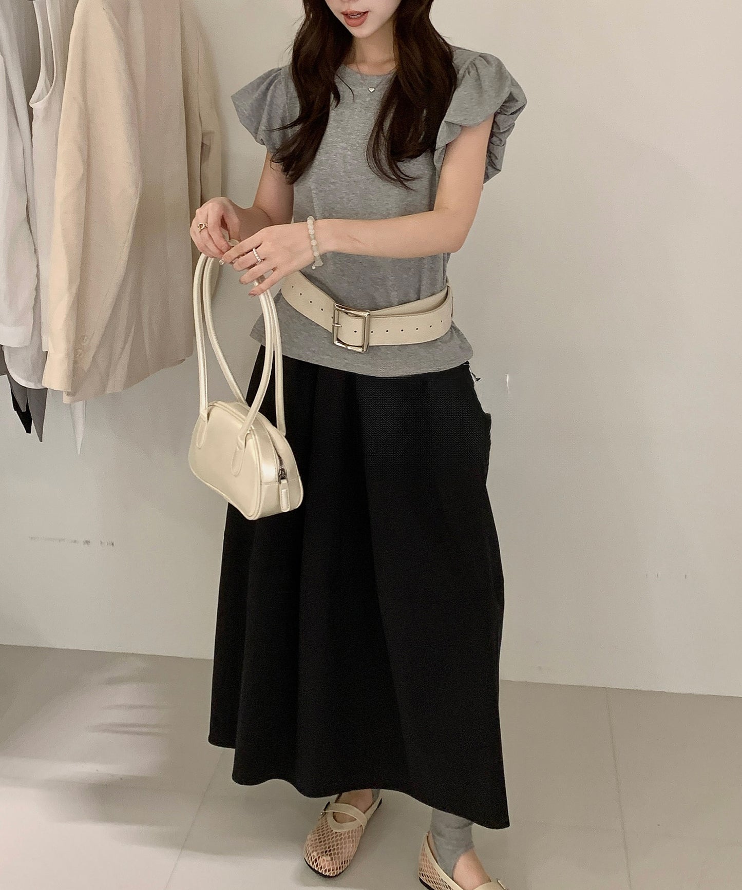 ギャザー パフスリーブ クルーネック Tシャツ トップス