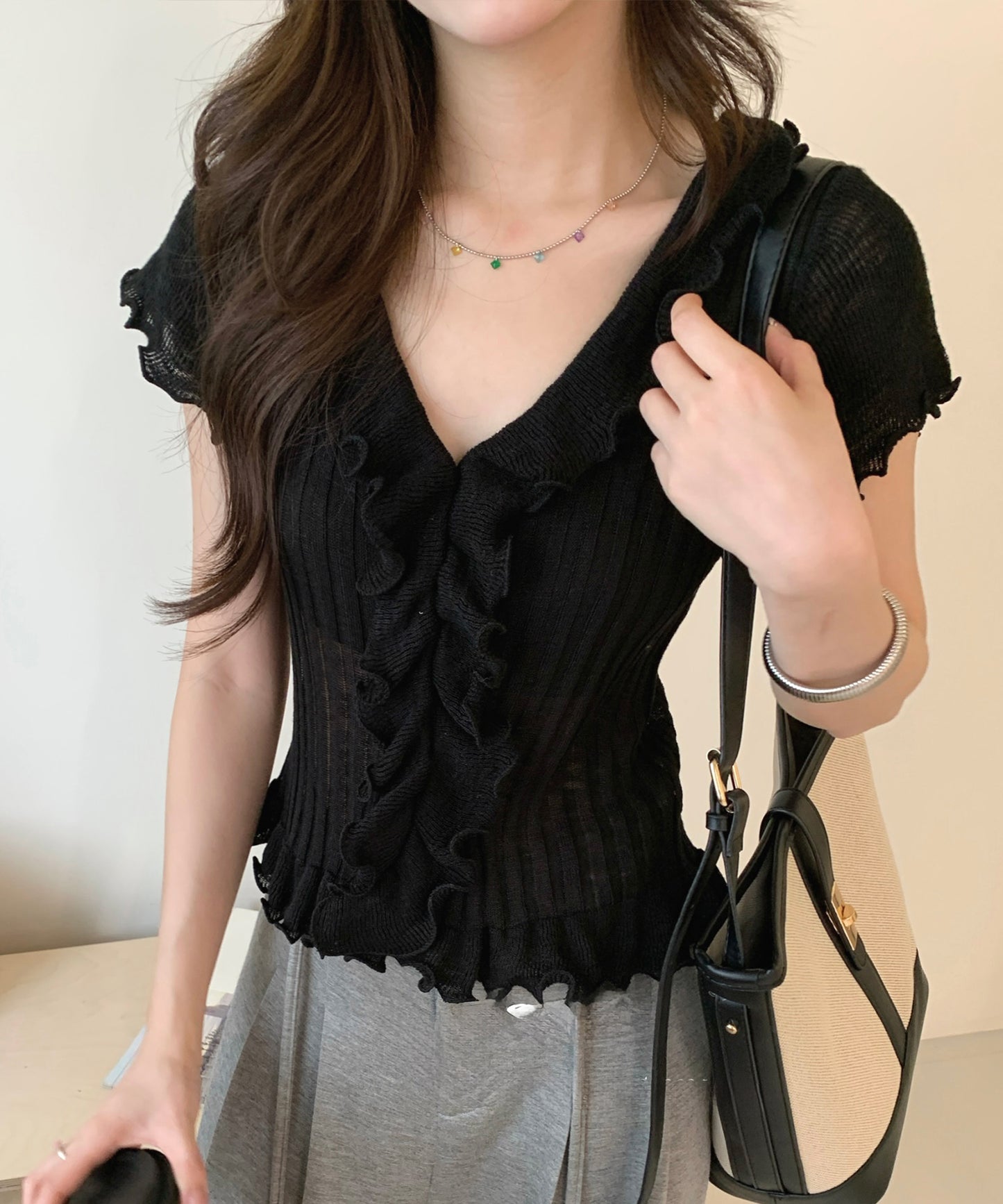 フロント フリル メロー リブ ニット トップス