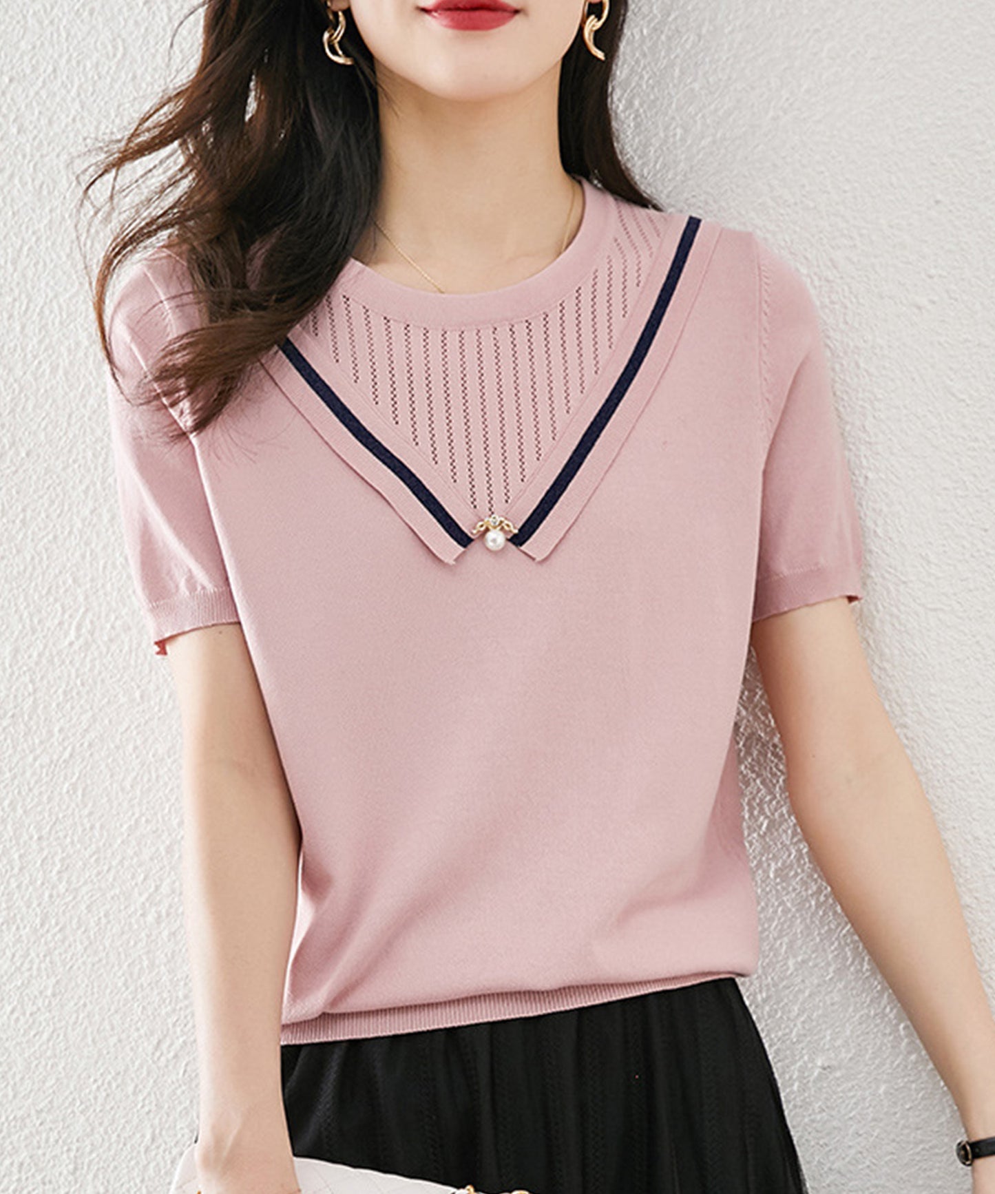 飾り襟 Vネック風 半袖 薄手 ニット
