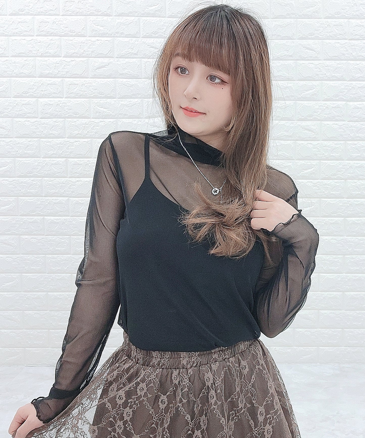 シアー ウェーブハイネック 長袖カットソー