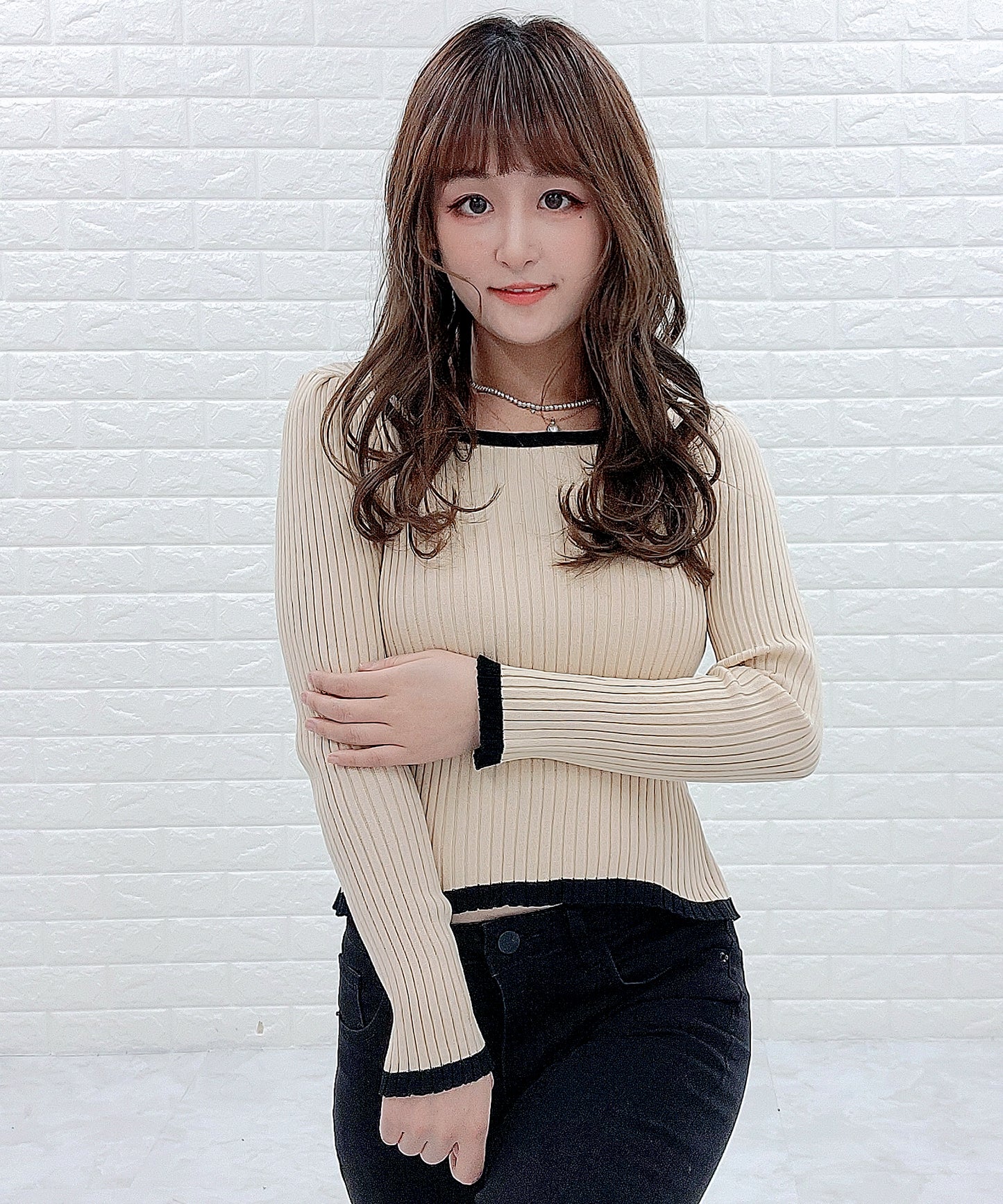 バイカラー長袖 リブニット