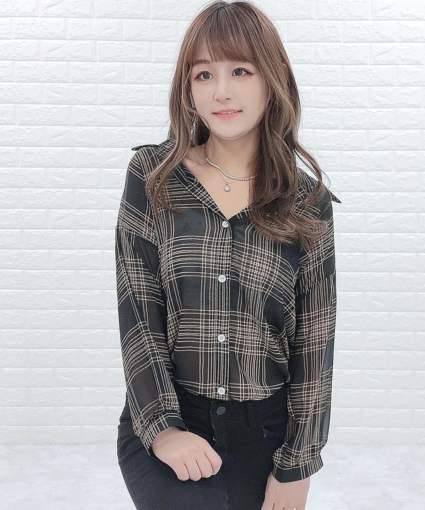 長袖 チェック シアーシャツ