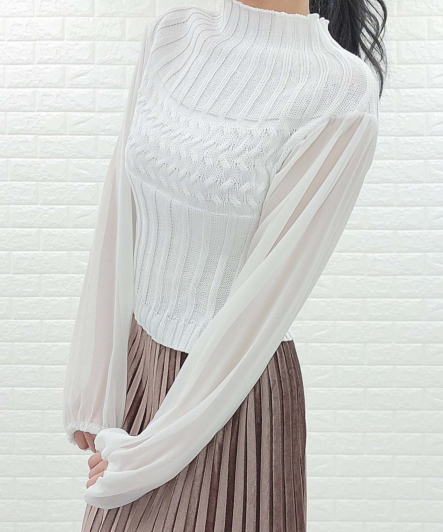 ボリューム袖ブラウスドッキング ハイネックニット