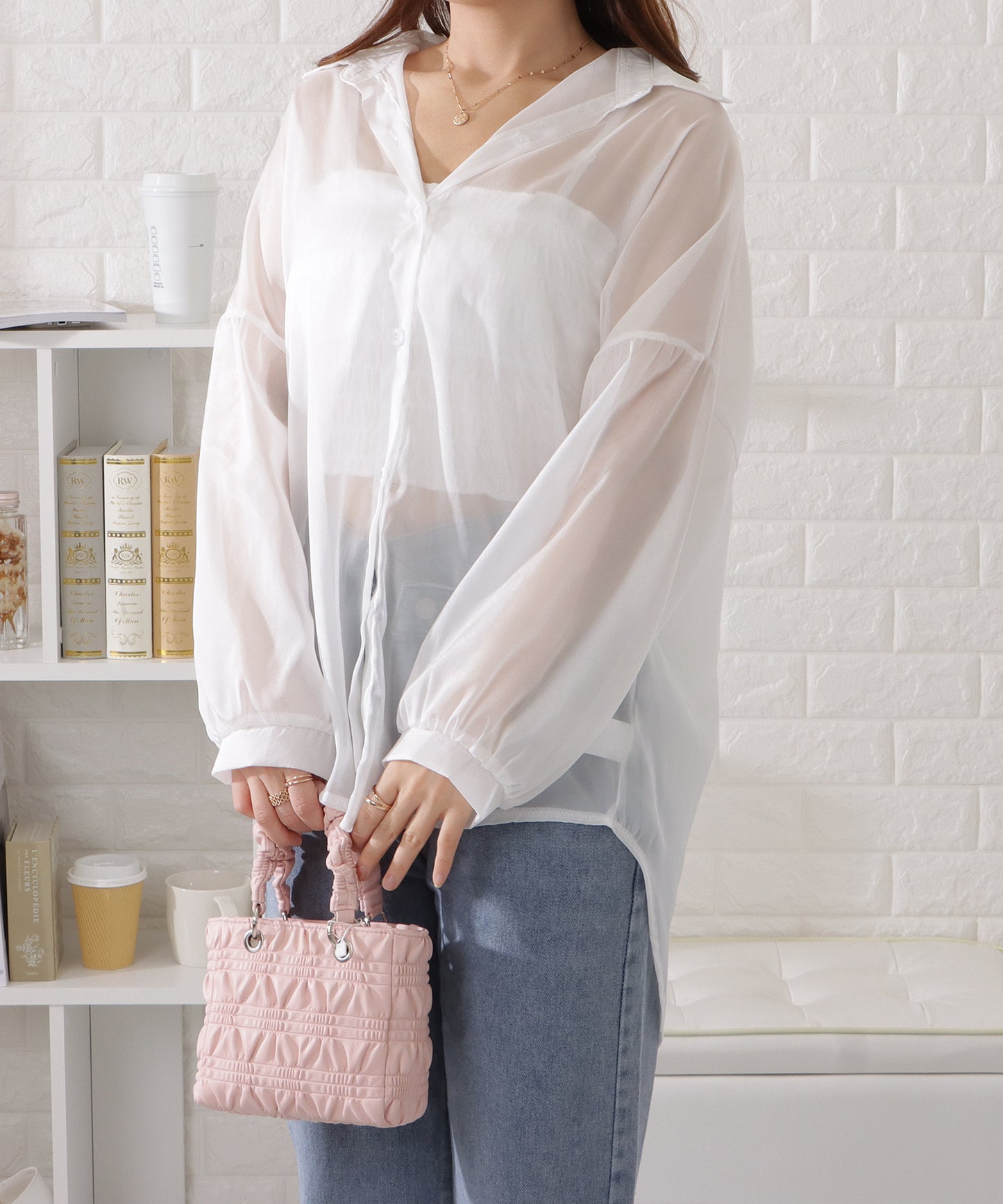 ドロップショルダーシアー前開きブラウス