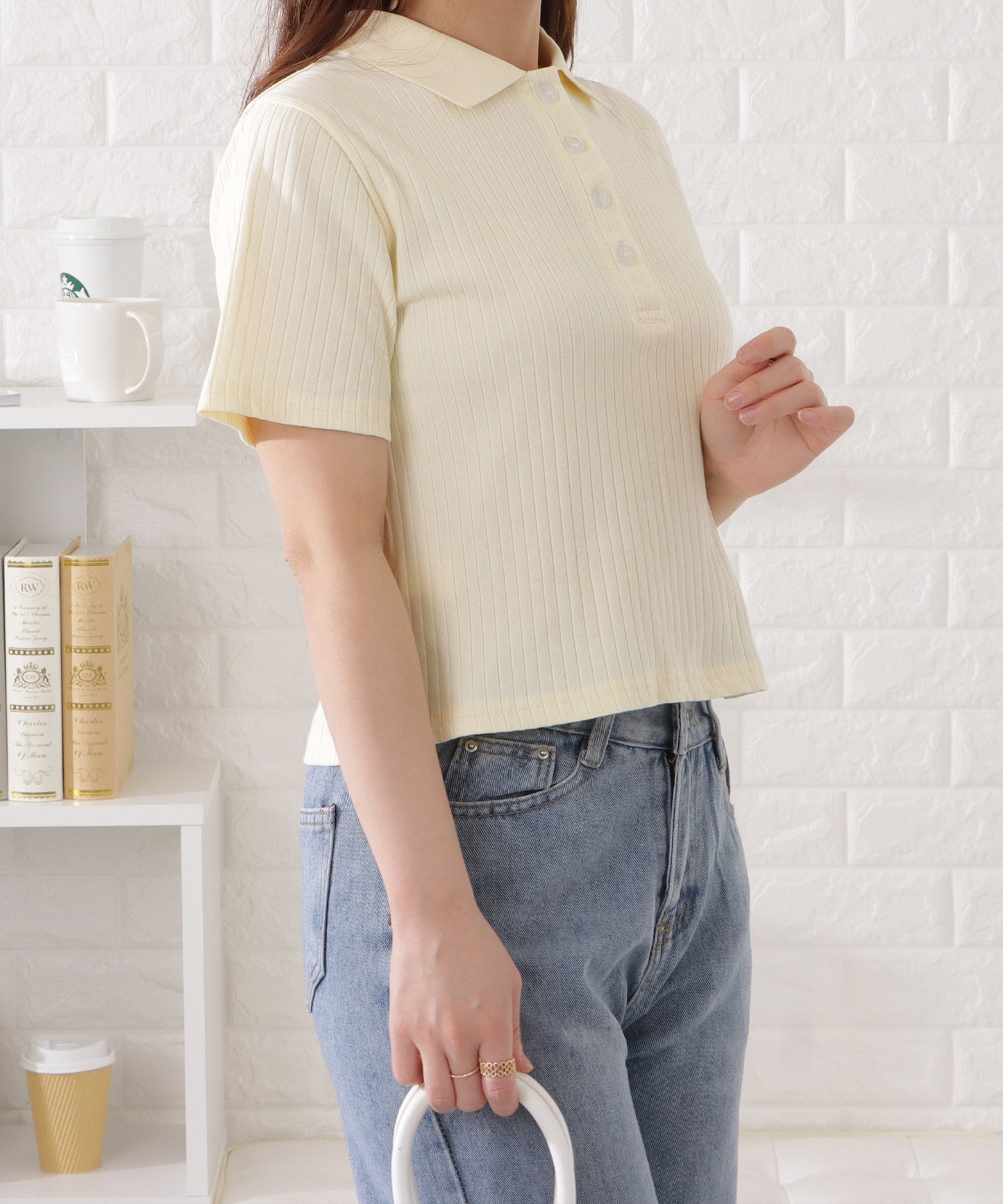 襟付き半袖リブトップス