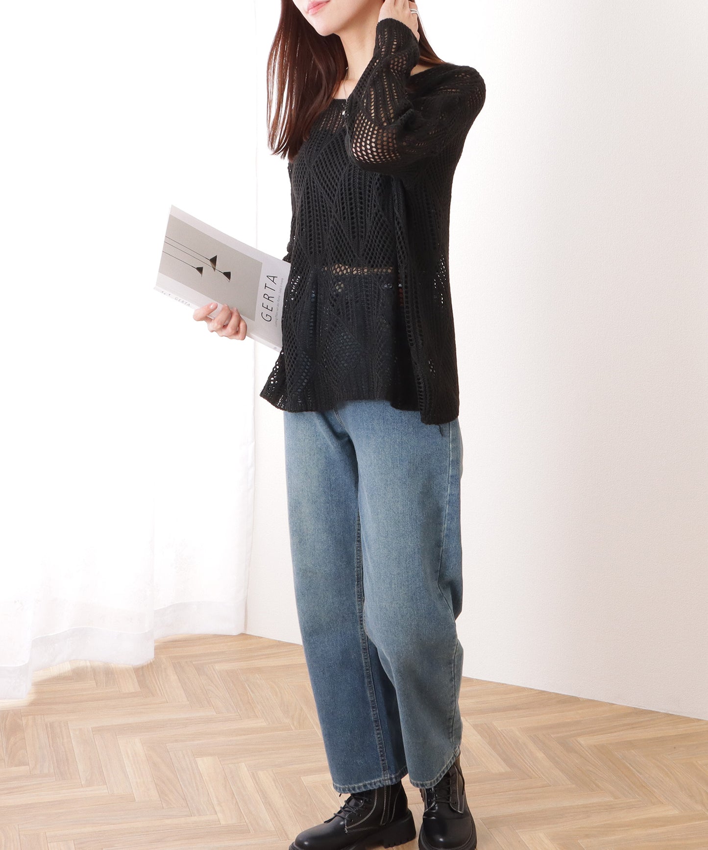 ダイヤ柄 透かし編み ゆる ニット プルオーバー