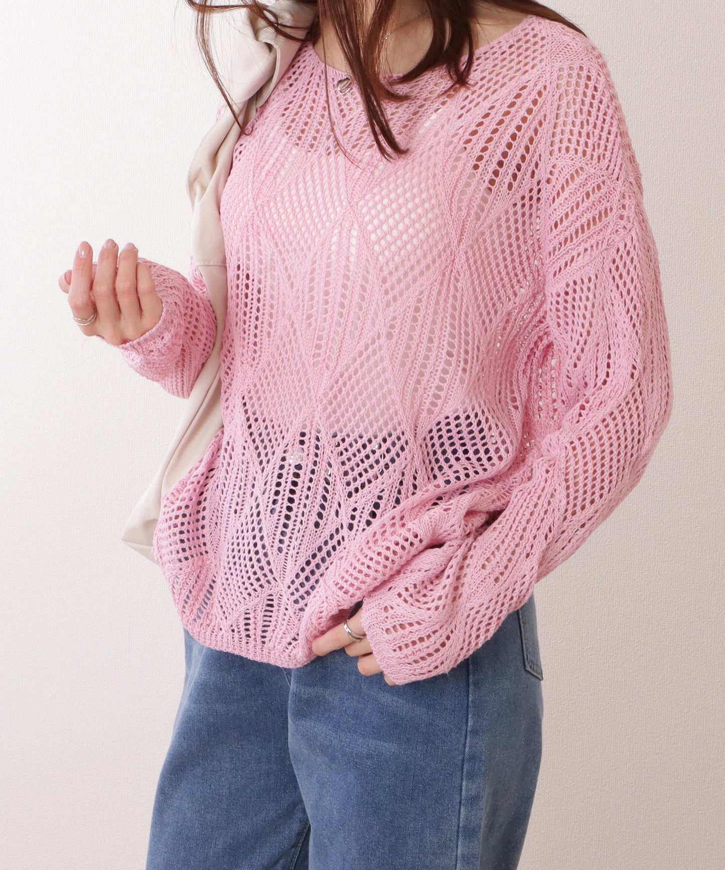 ダイヤ柄 透かし編み ゆる ニット プルオーバー