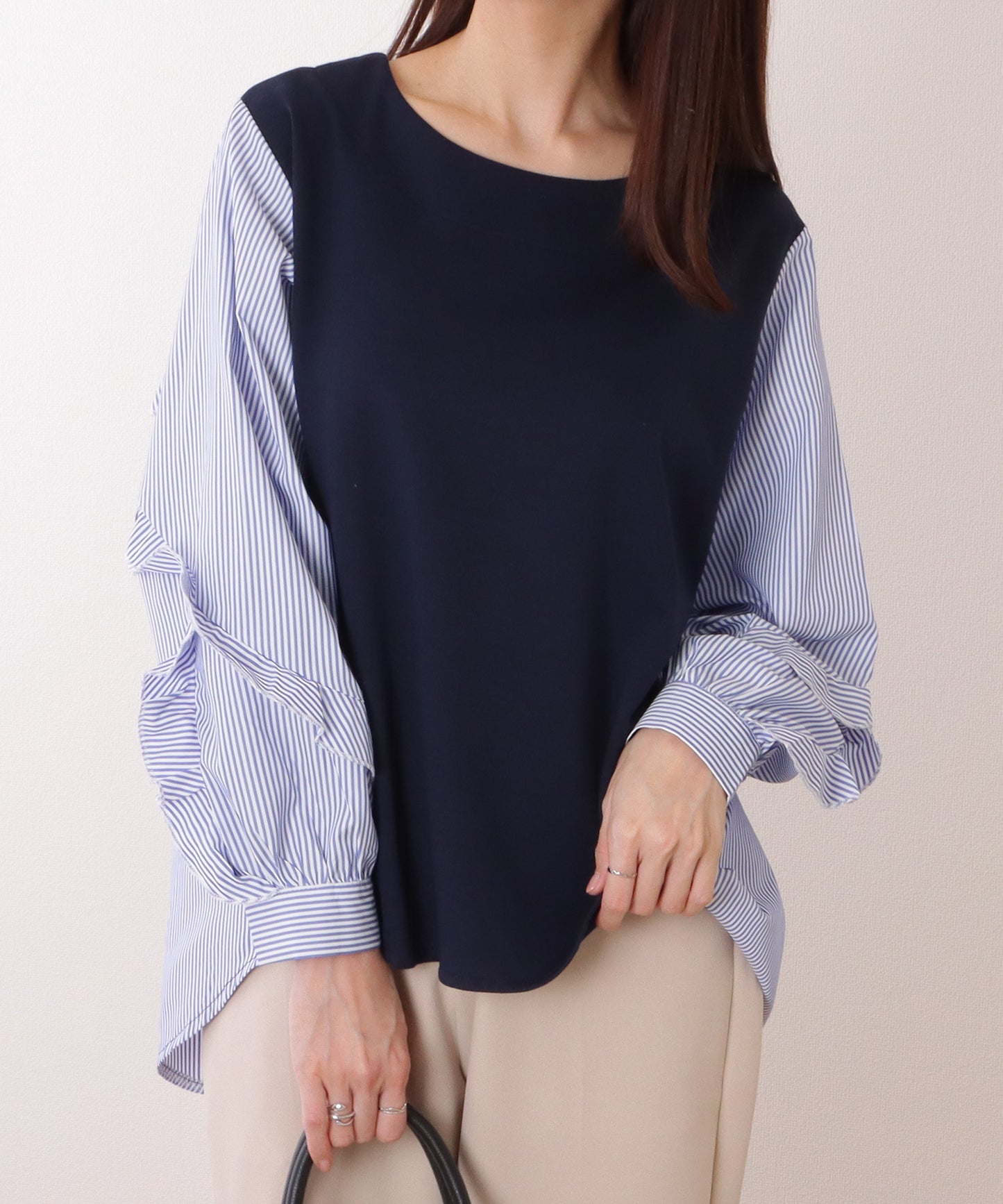 フロント 切替 ストライプ柄 ラウンドネック プルオーバー