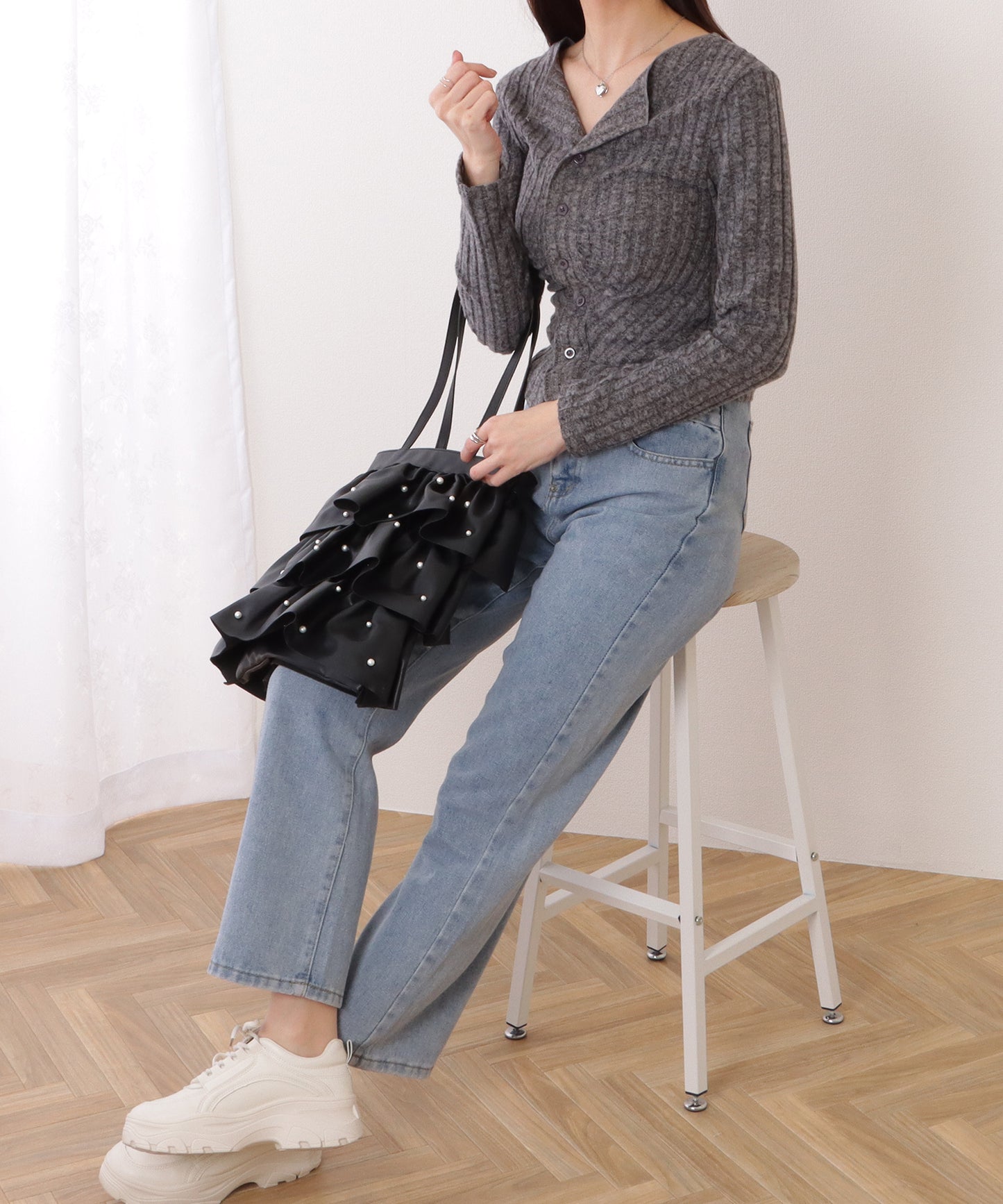フロント ギャザー テレコ ニット コンパクト カーディガン