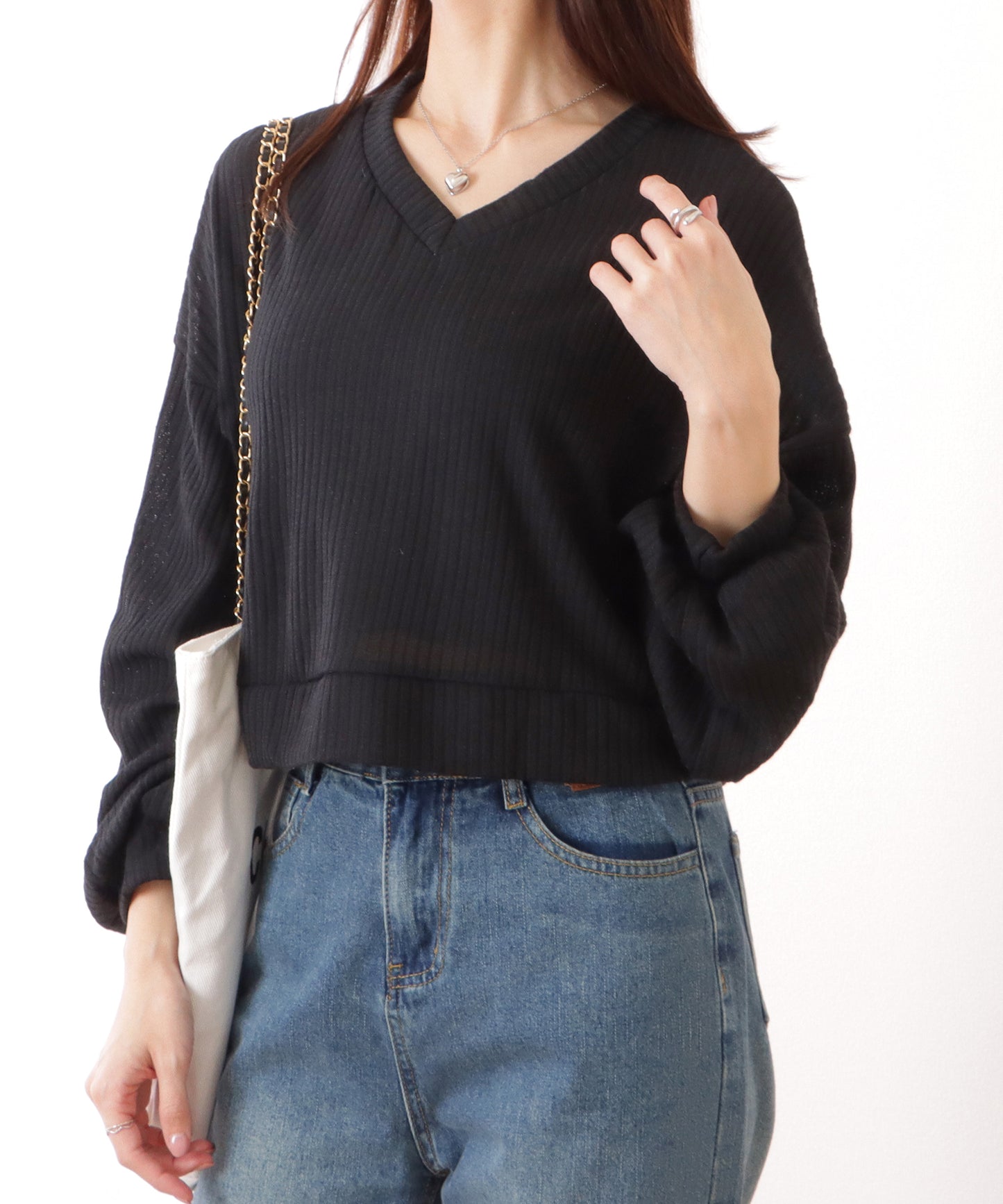 Vネック コンパクト リブ ニット プルオーバー