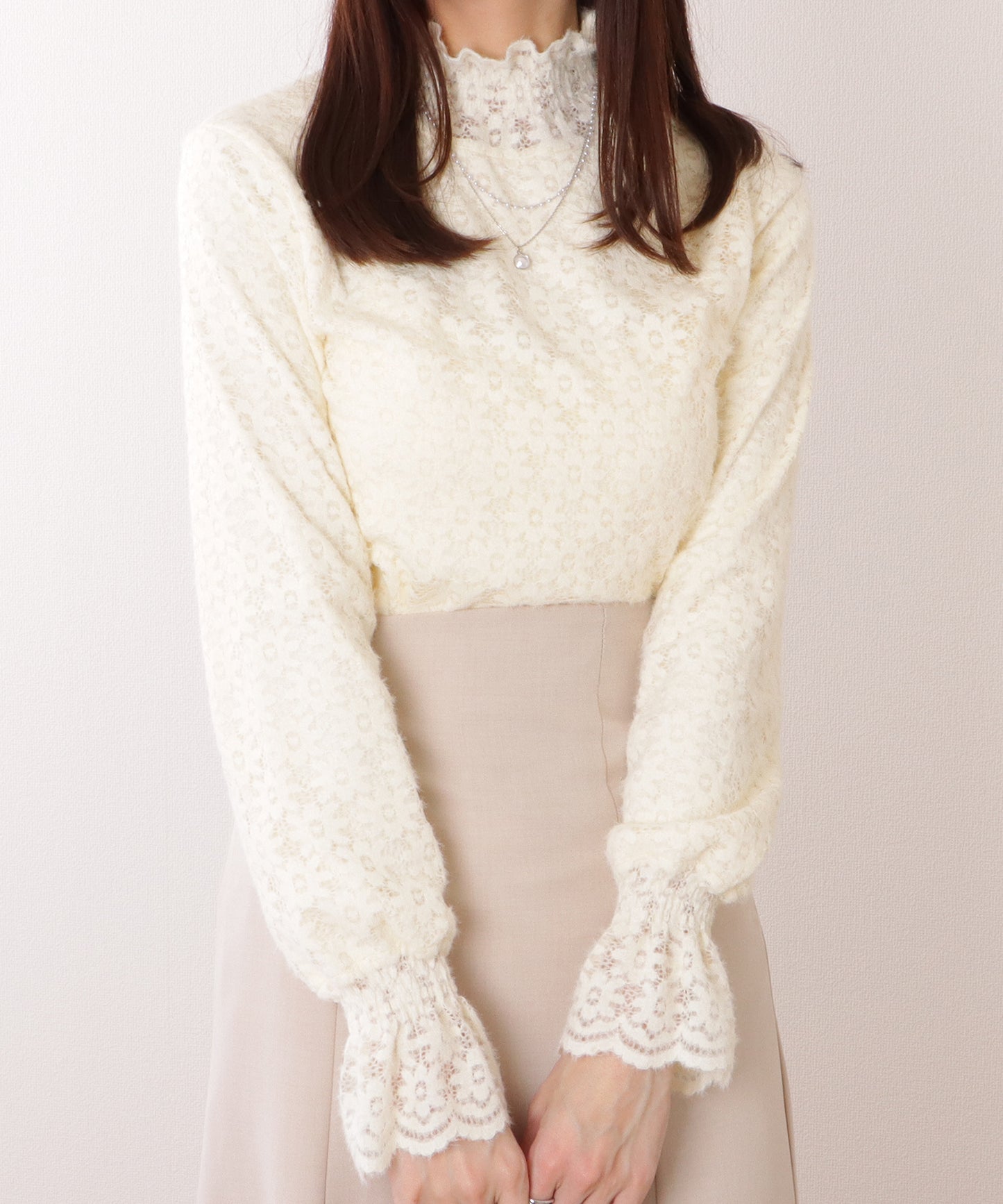 ハイネック キャンディスリーブ フラワー レース プルオーバー