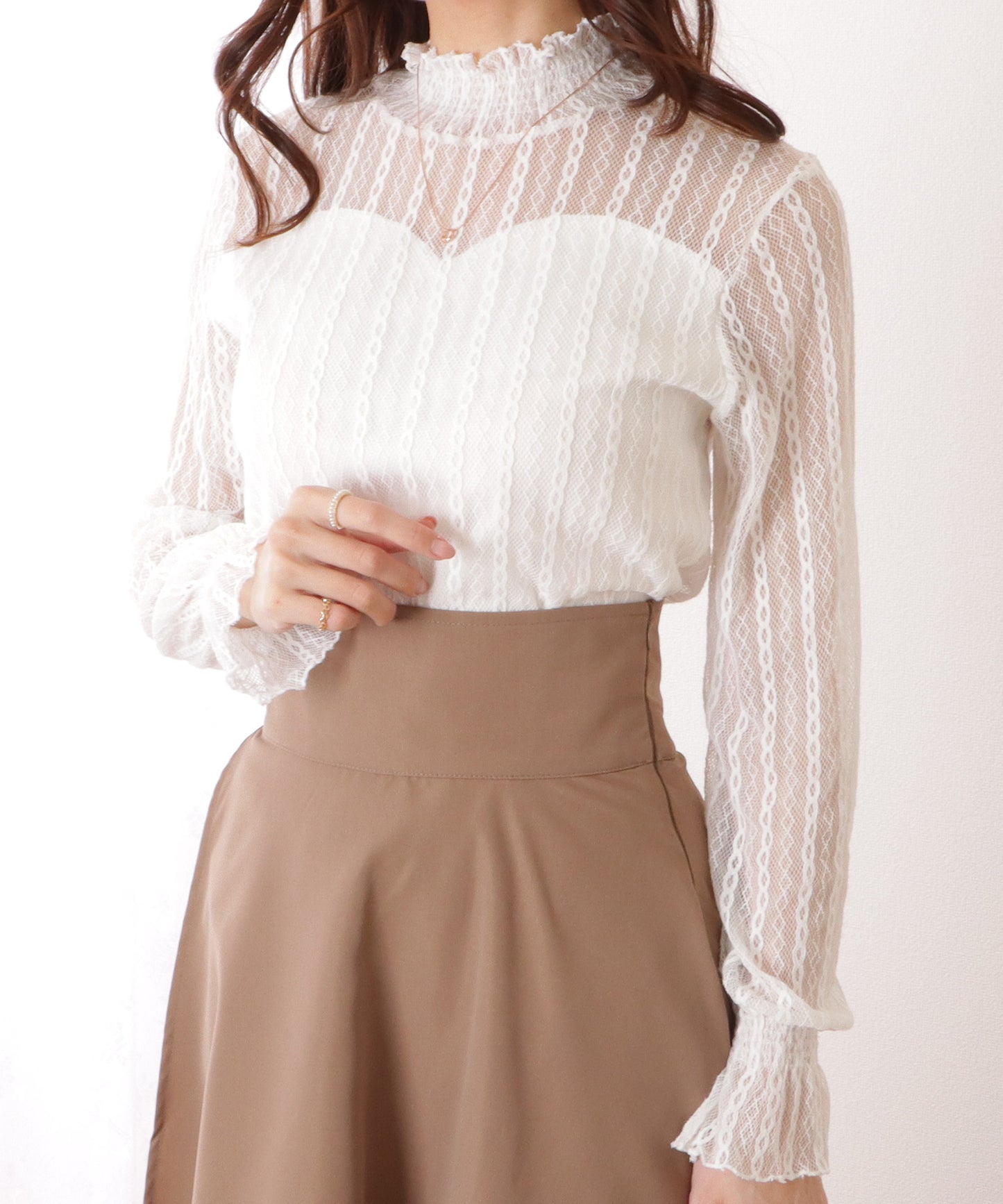 フリルネック レース ストライプ キャンディスリーブ プルオーバー