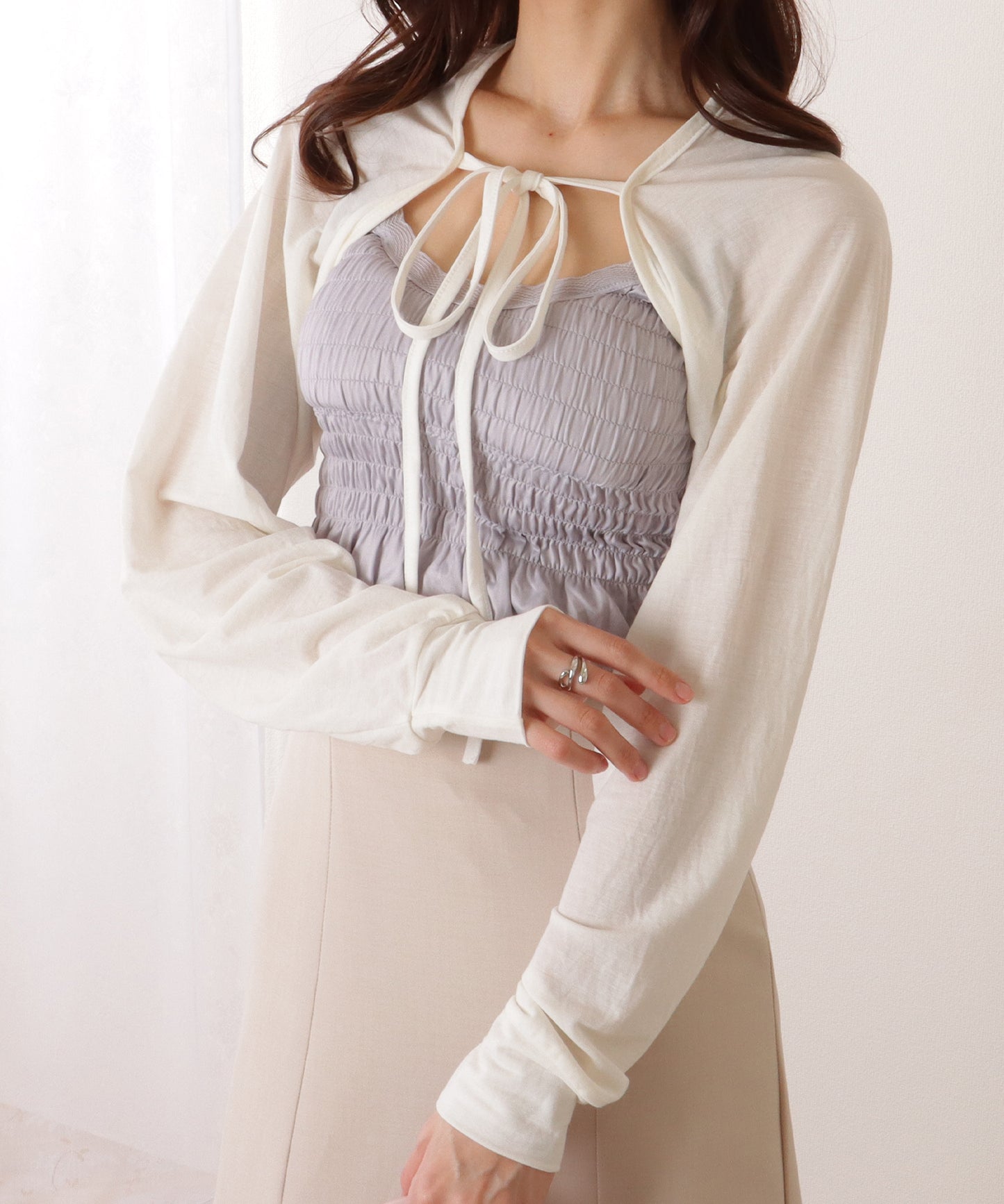 フロント リボン コンパクト シアー ボレロ カーディガン