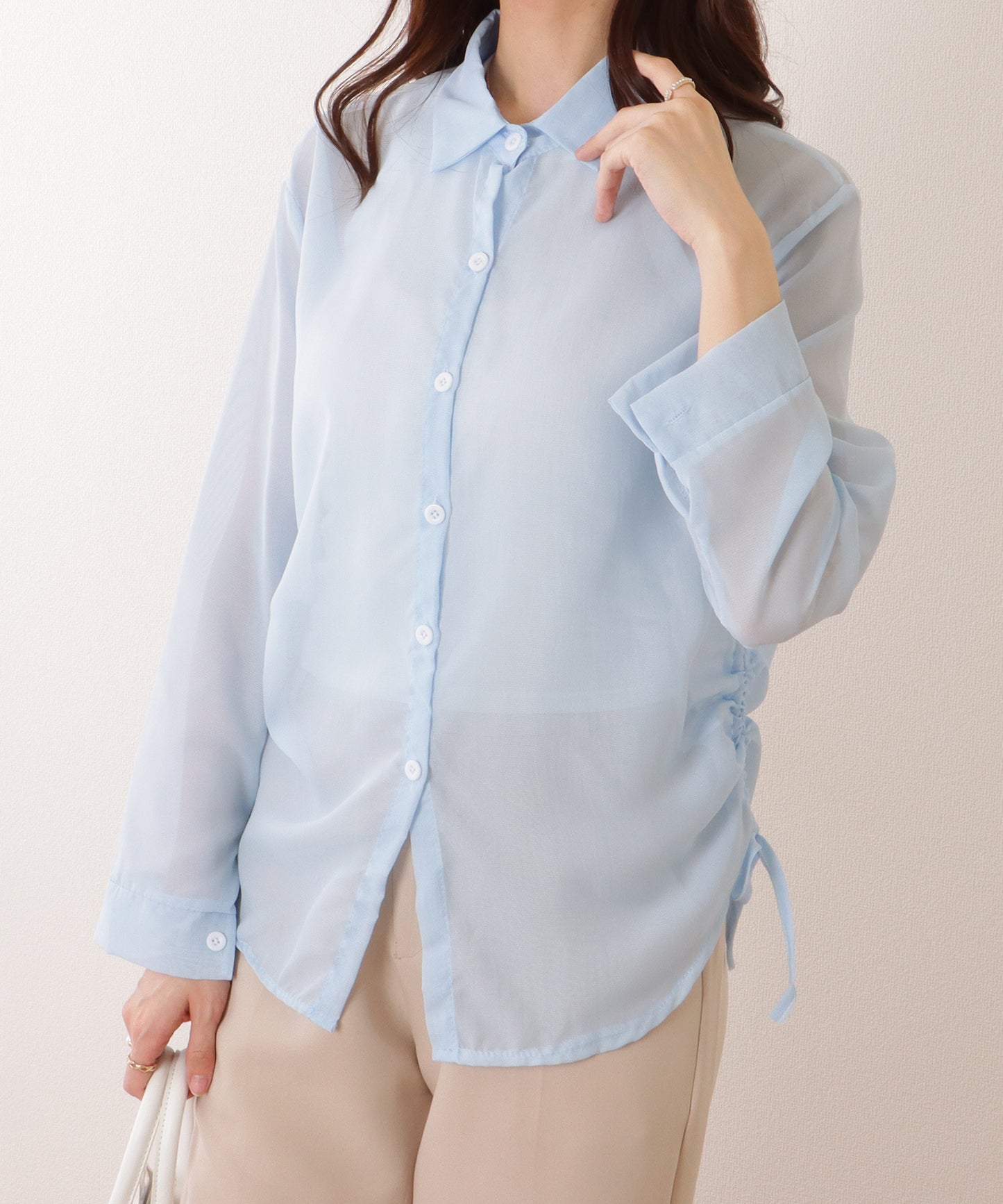 ドローストリング付き 長袖 シフォン 前開き ブラウス
