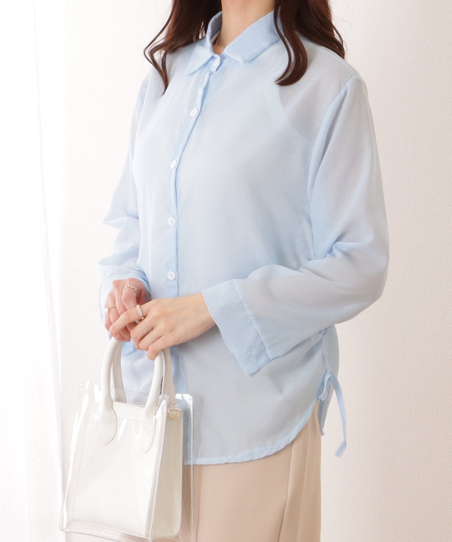 ドローストリング付き 長袖 シフォン 前開き ブラウス