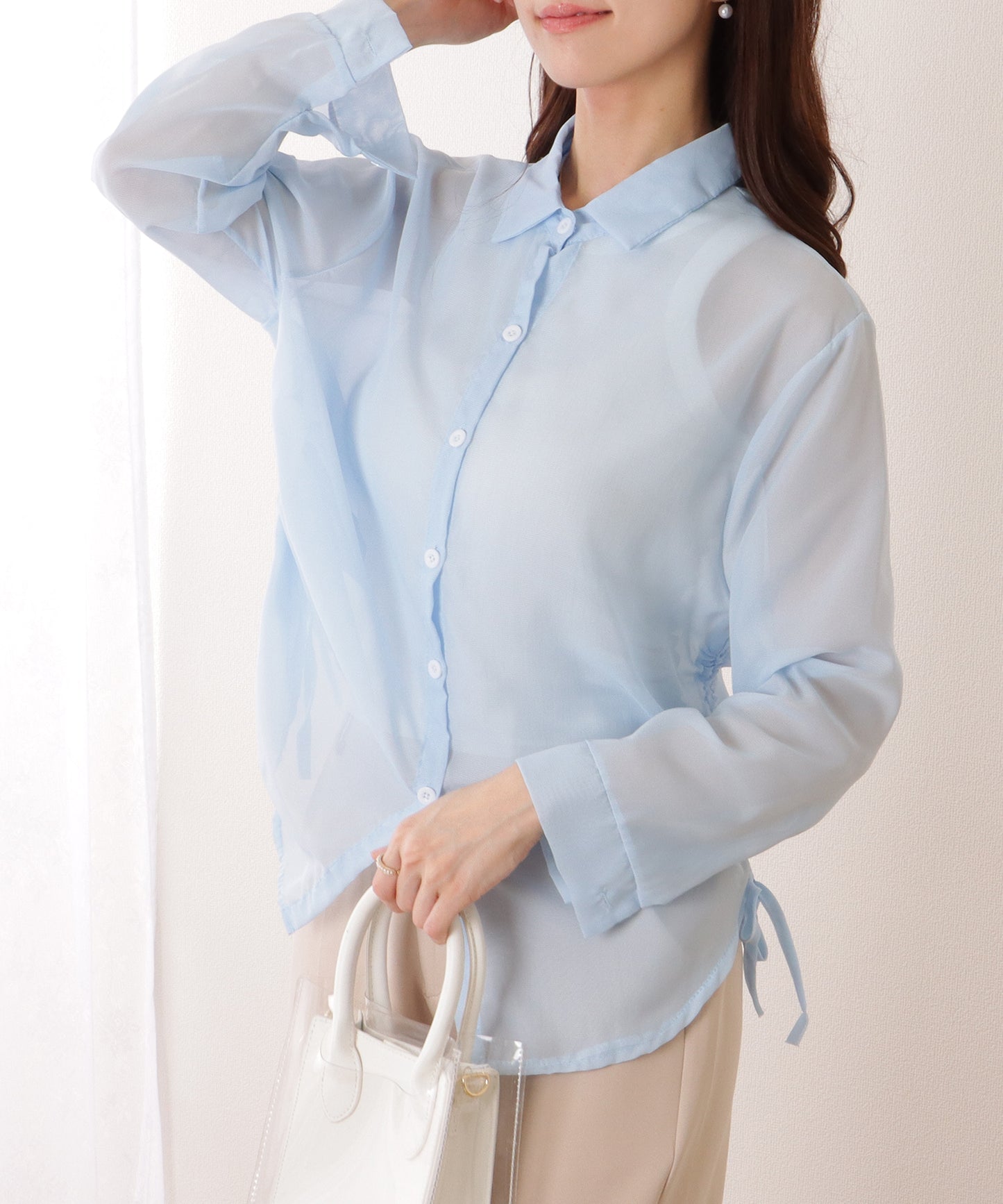 ドローストリング付き 長袖 シフォン 前開き ブラウス