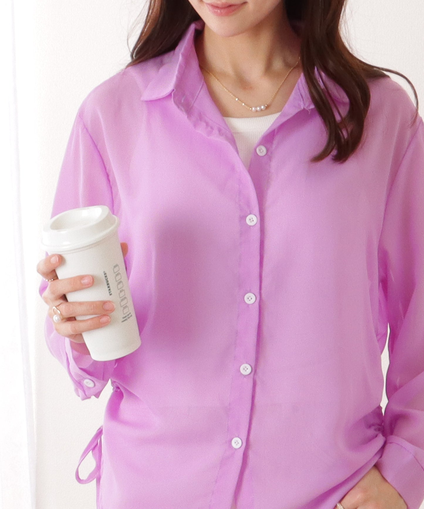 ドローストリング付き 長袖 シフォン 前開き ブラウス