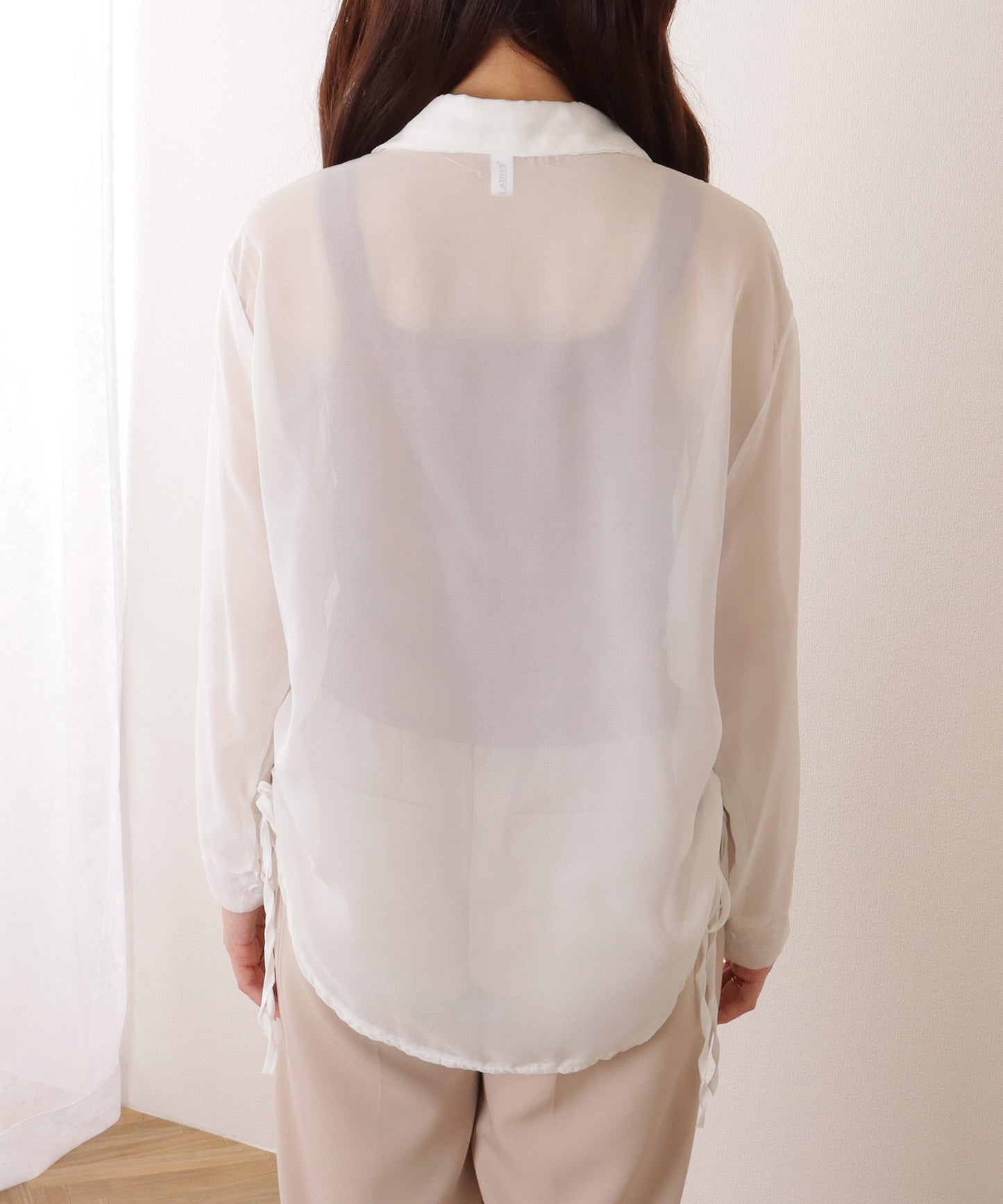 ドローストリング付き 長袖 シフォン 前開き ブラウス