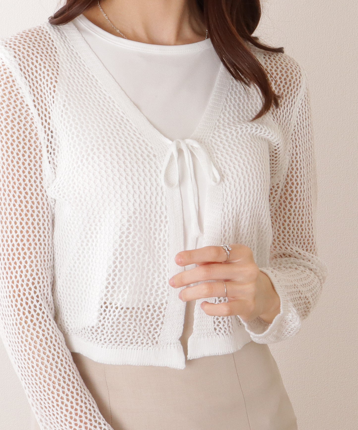 Vネック コンパクト 透かし編み ニット カーディガン