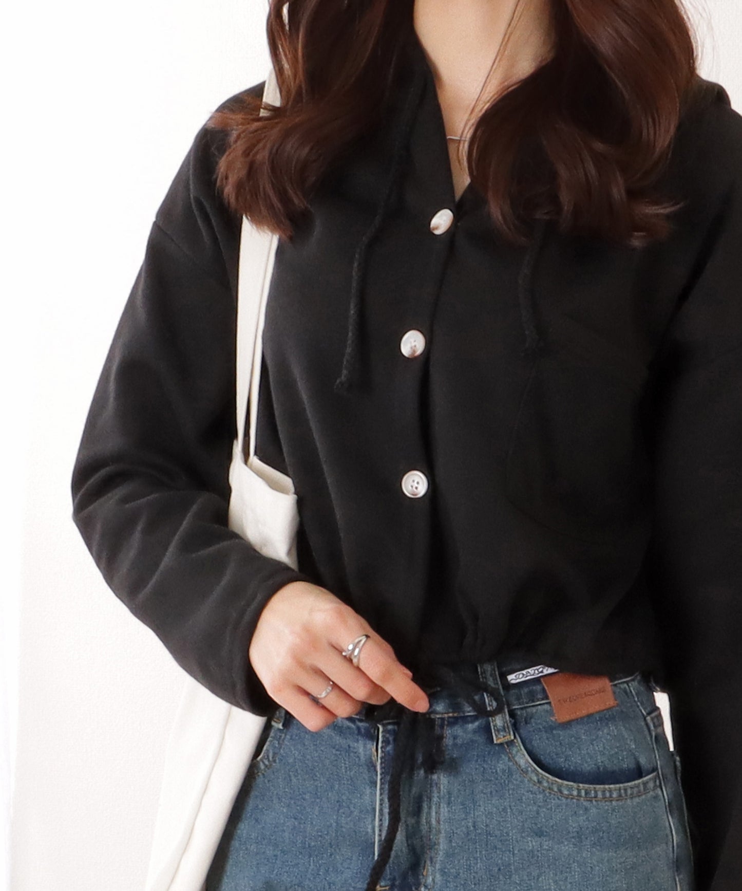 ドロスト付き フロントボタン コンパクト フーデット パーカー