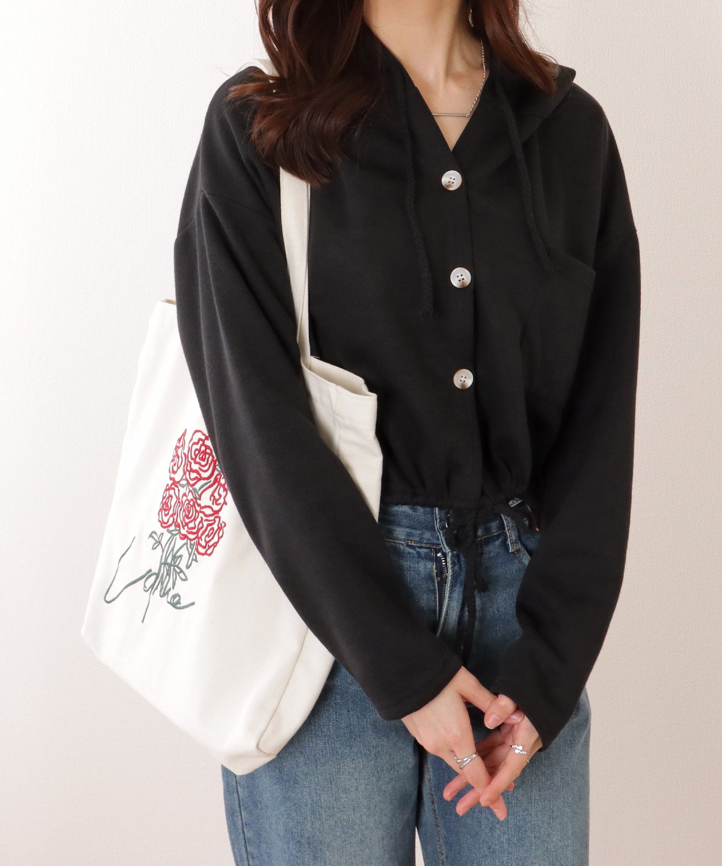 ドロスト付き フロントボタン コンパクト フーデット パーカー