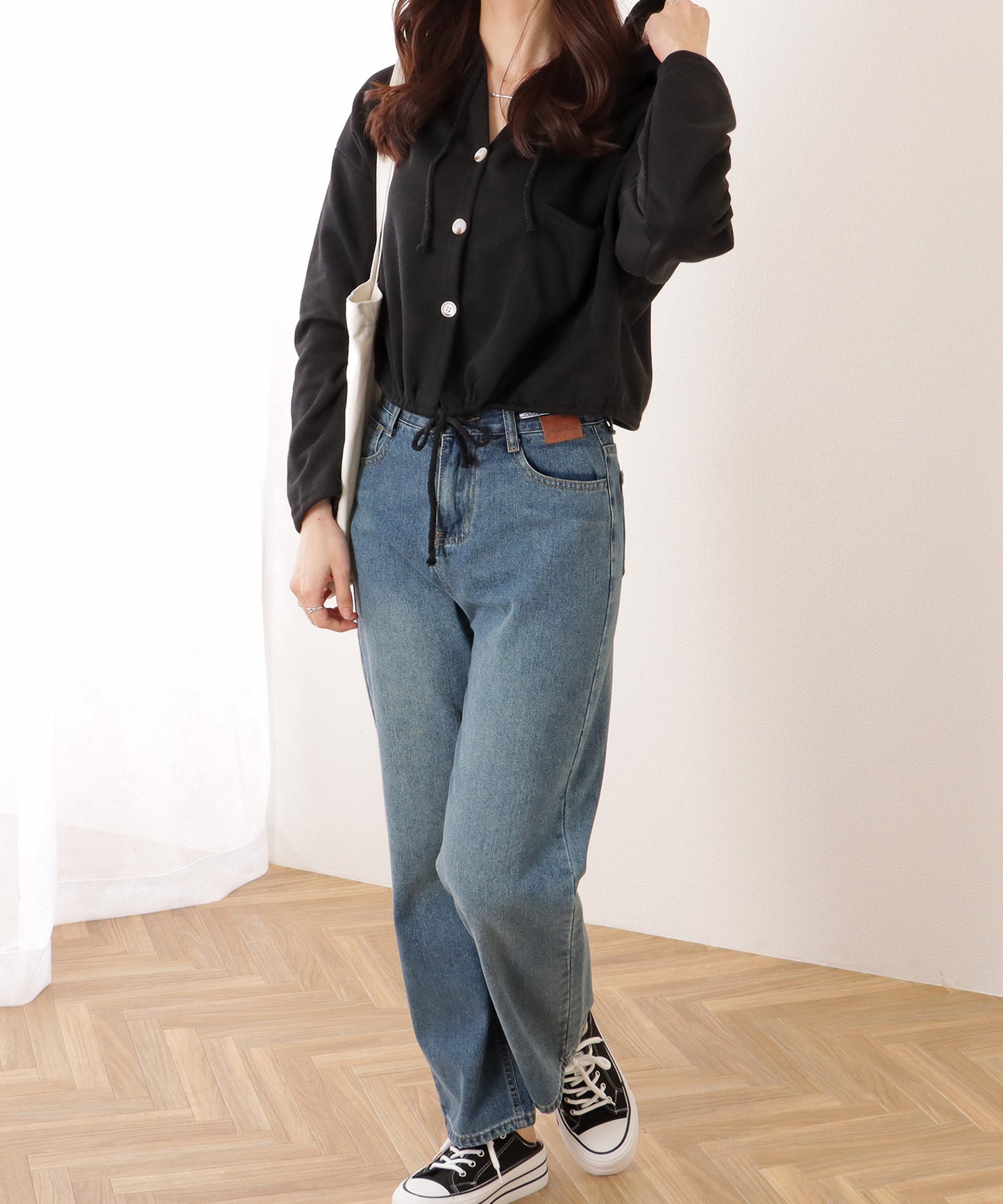 ドロスト付き フロントボタン コンパクト フーデット パーカー