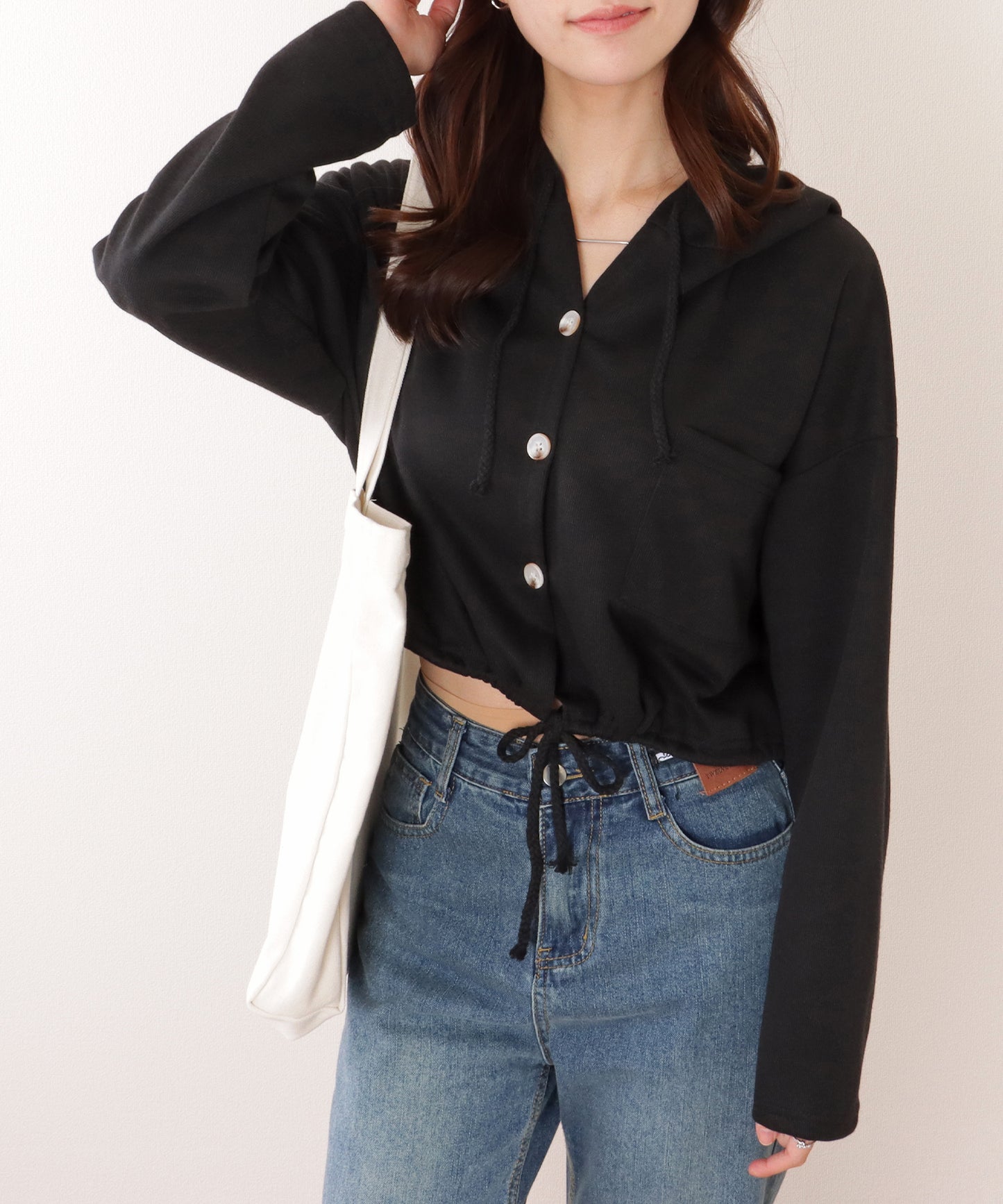 ドロスト付き フロントボタン コンパクト フーデット パーカー